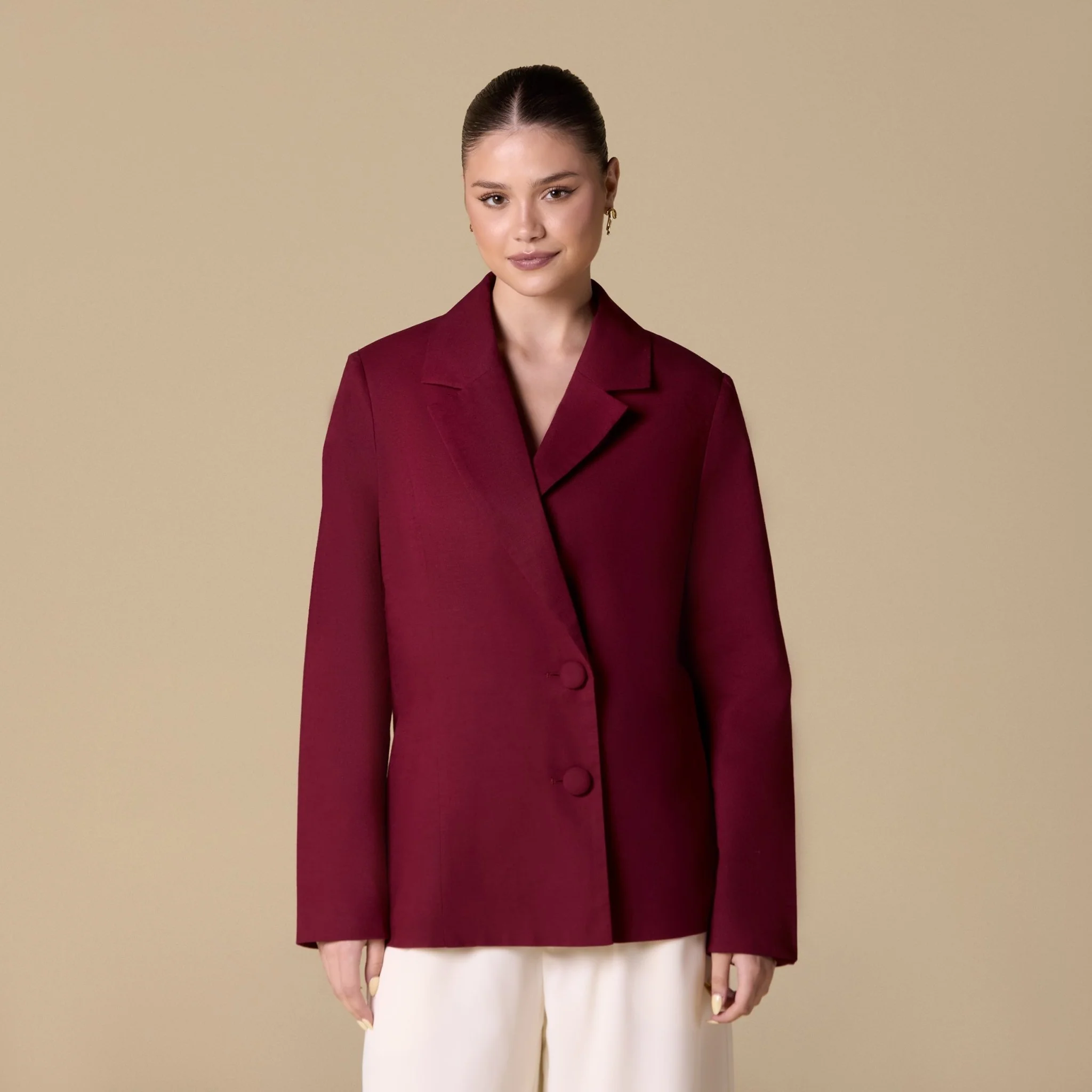 Burgundy Linen Fabric Button Blazer