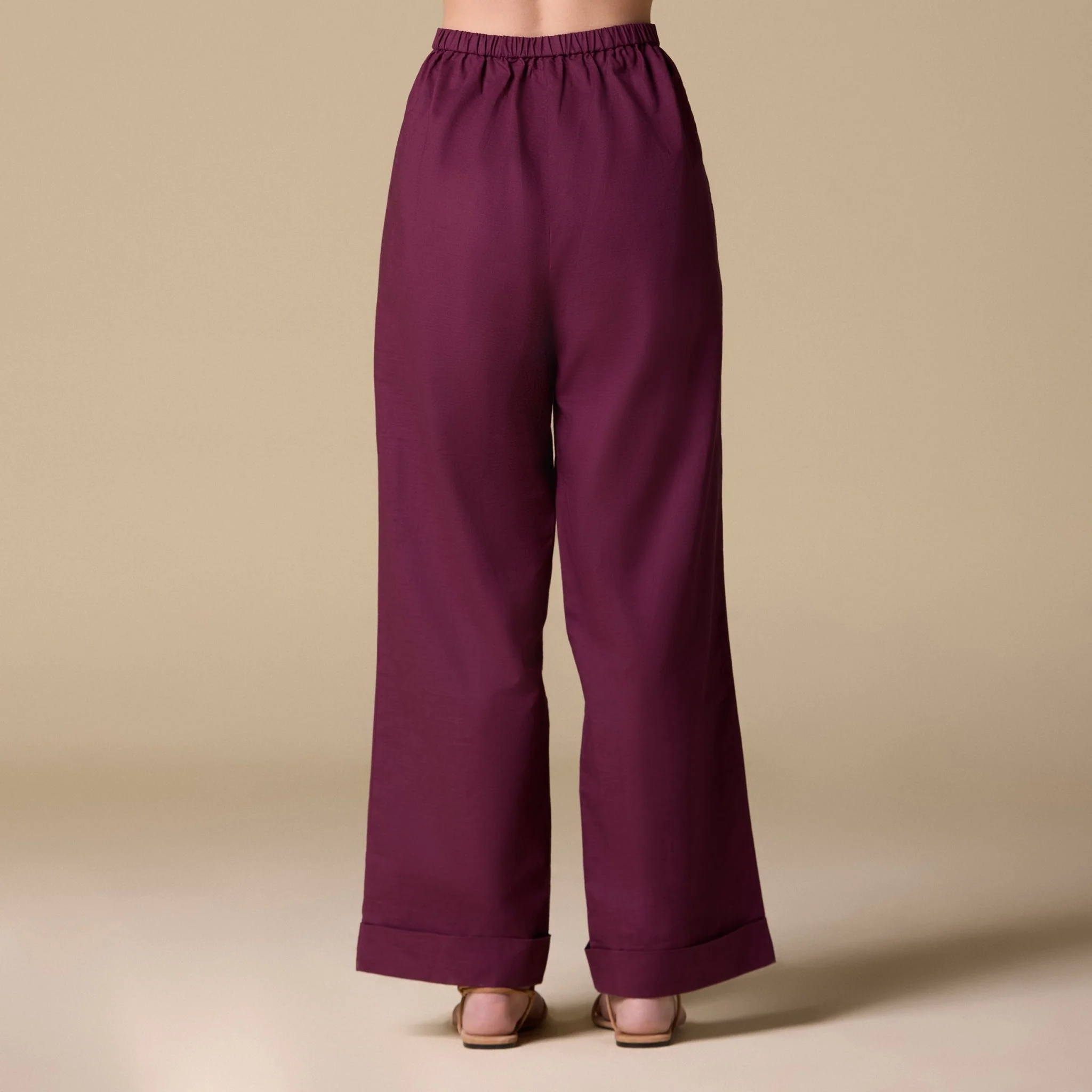 Burgundy Linen Folded Hem Wide Leg Pants - Image 3