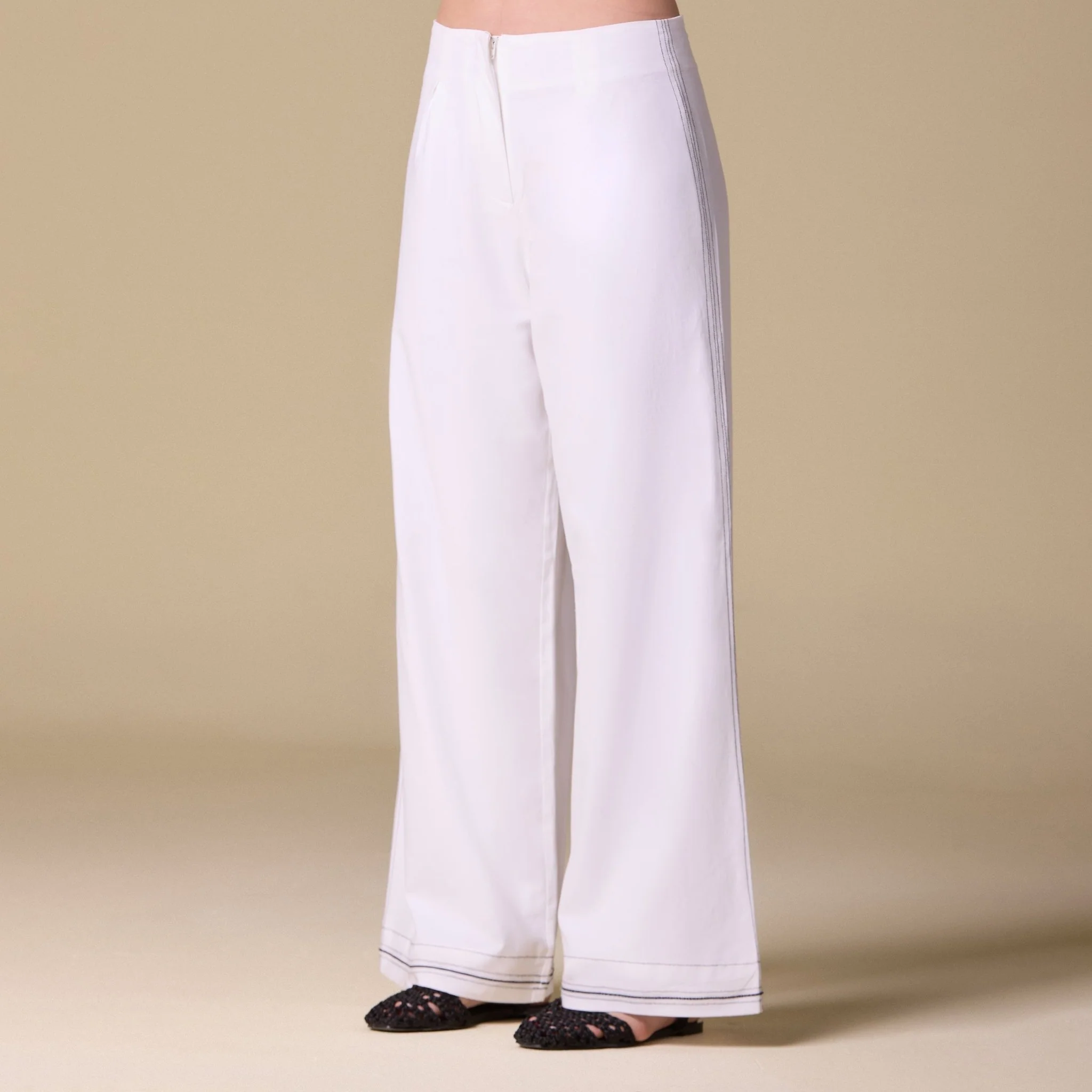 White Linen Pants with Stitch Detailing