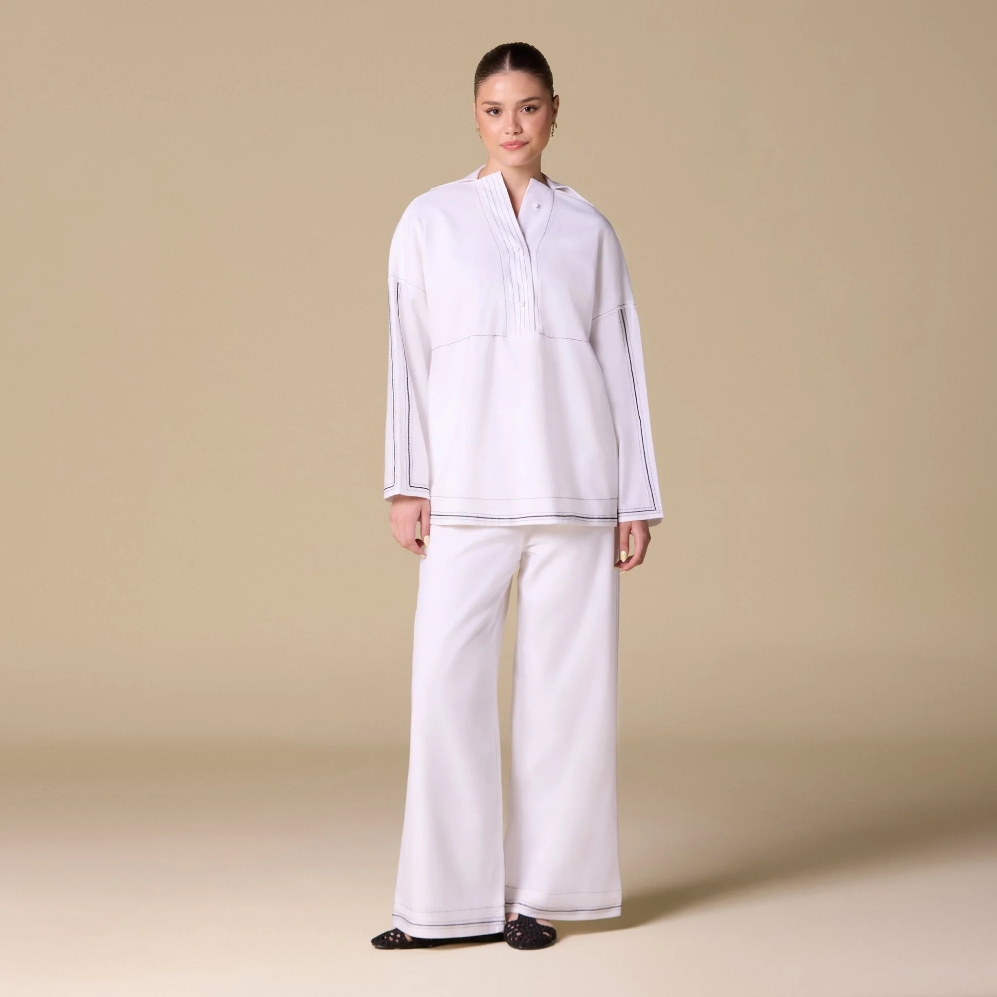 White Linen Pants with Stitch Detailing - Image 2