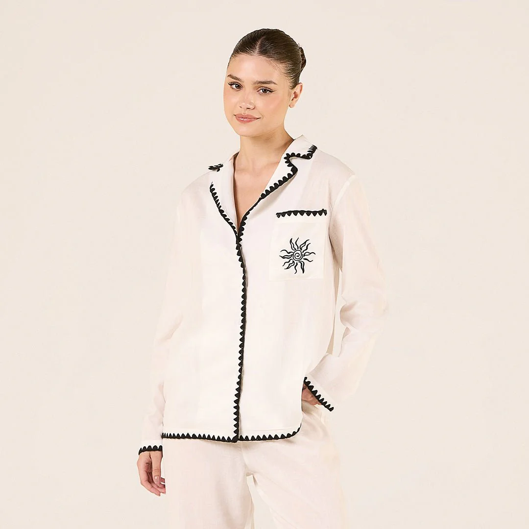 White Linen Stitch Trim Long Sleeve Shirt