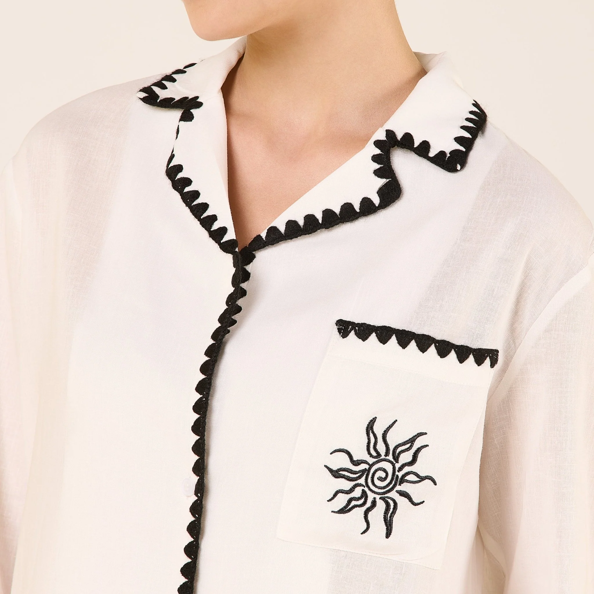 White Linen Stitch Trim Long Sleeve Shirt - Image 3