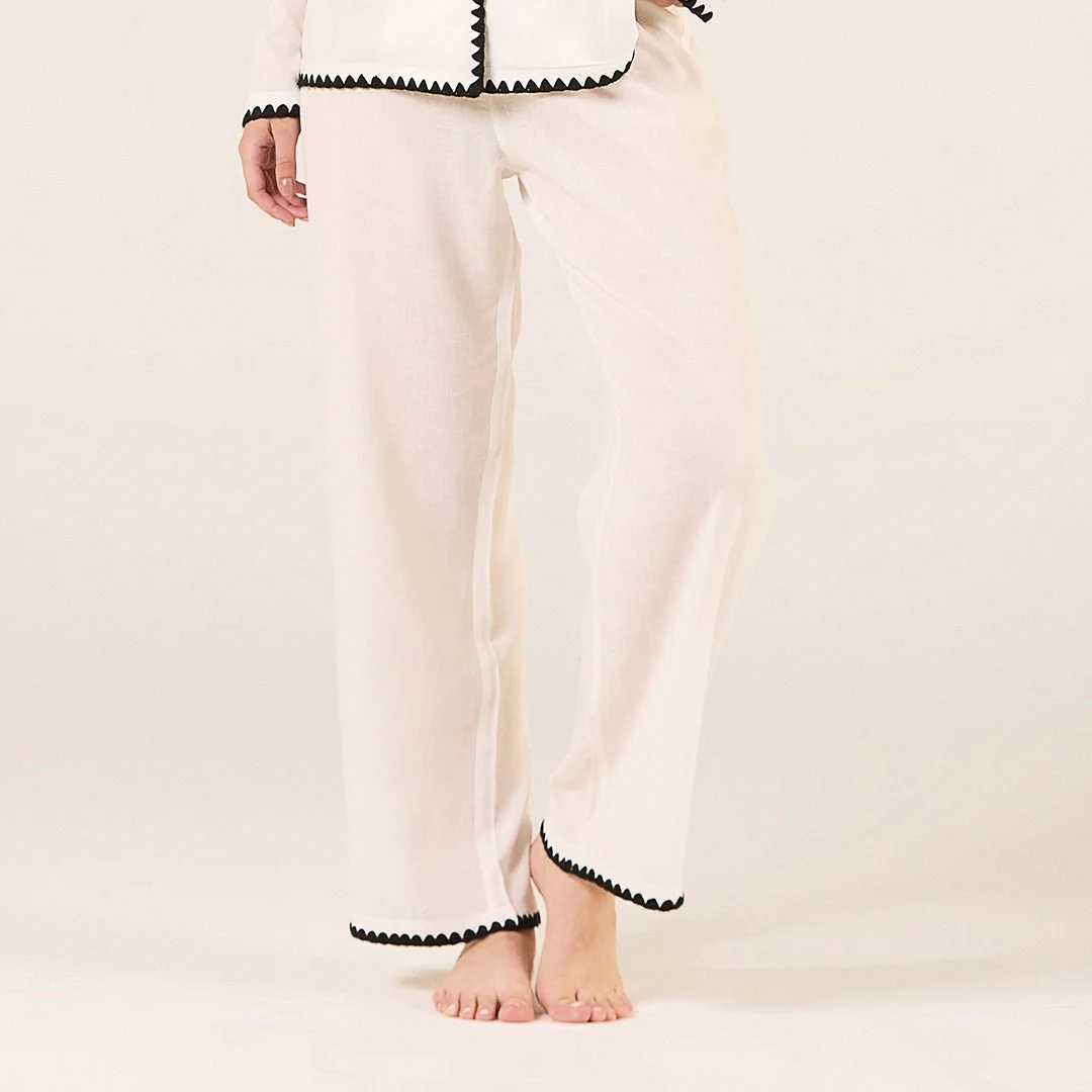 White Linen Stitch Trim Pants