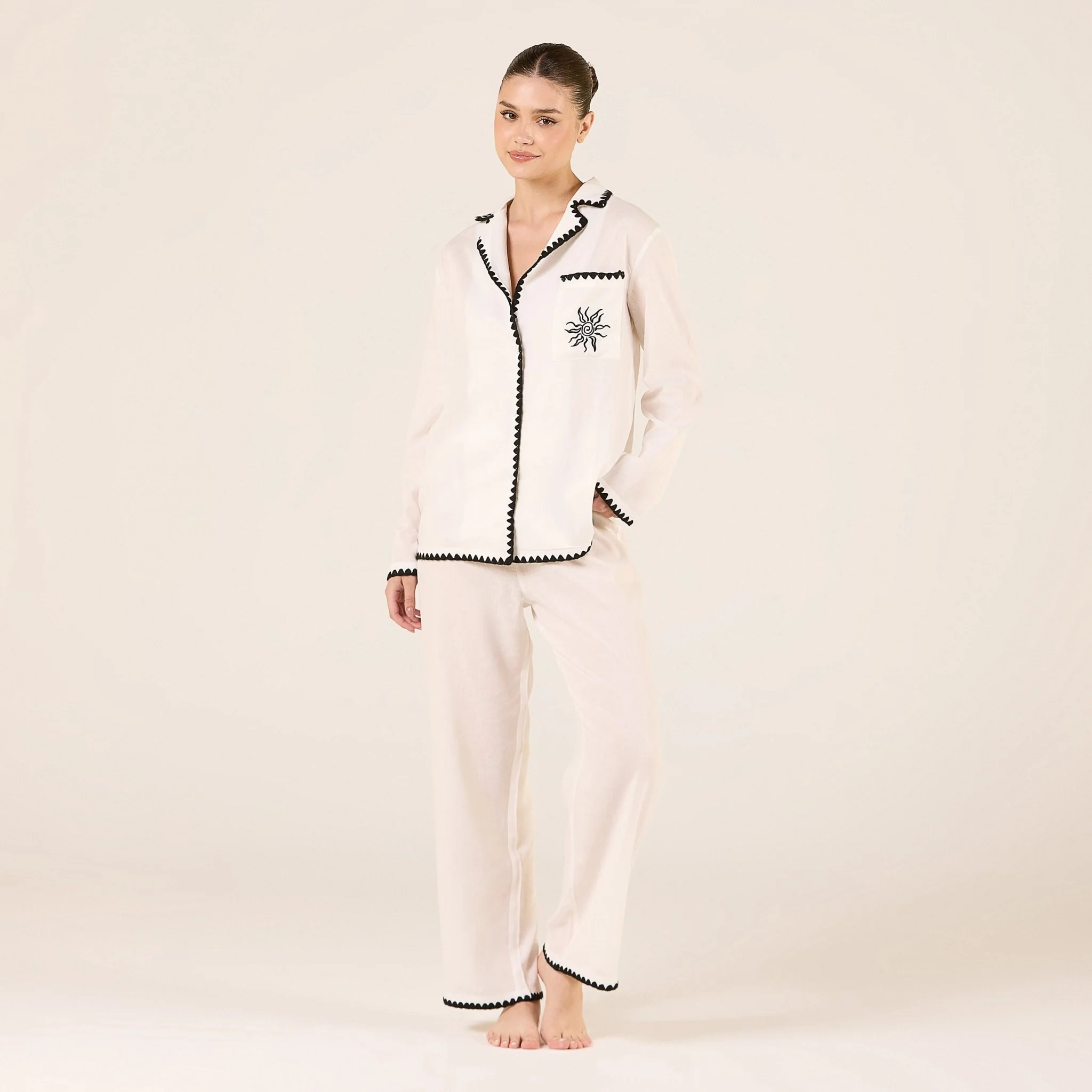 White Linen Stitch Trim Pants - Image 2
