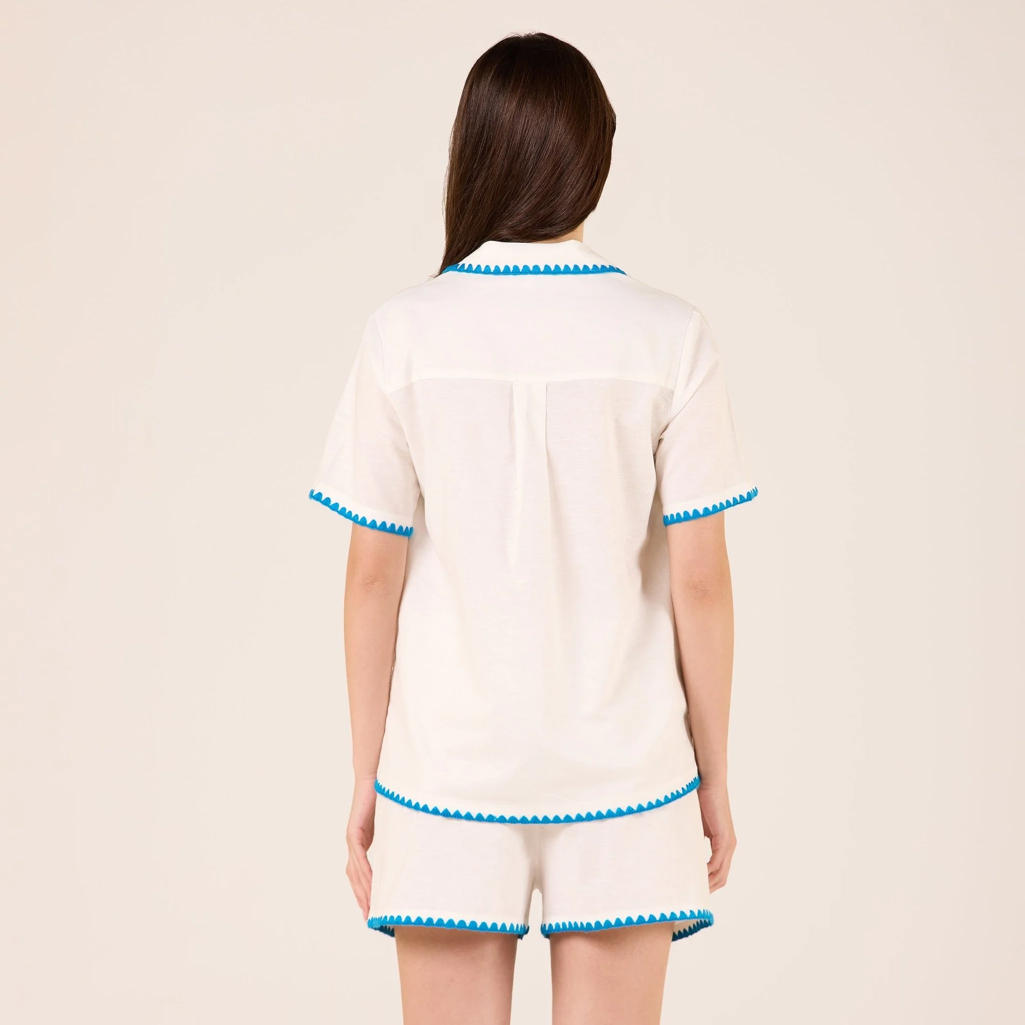 White Linen Stitch Trim Shirt with Embroidery - Image 3