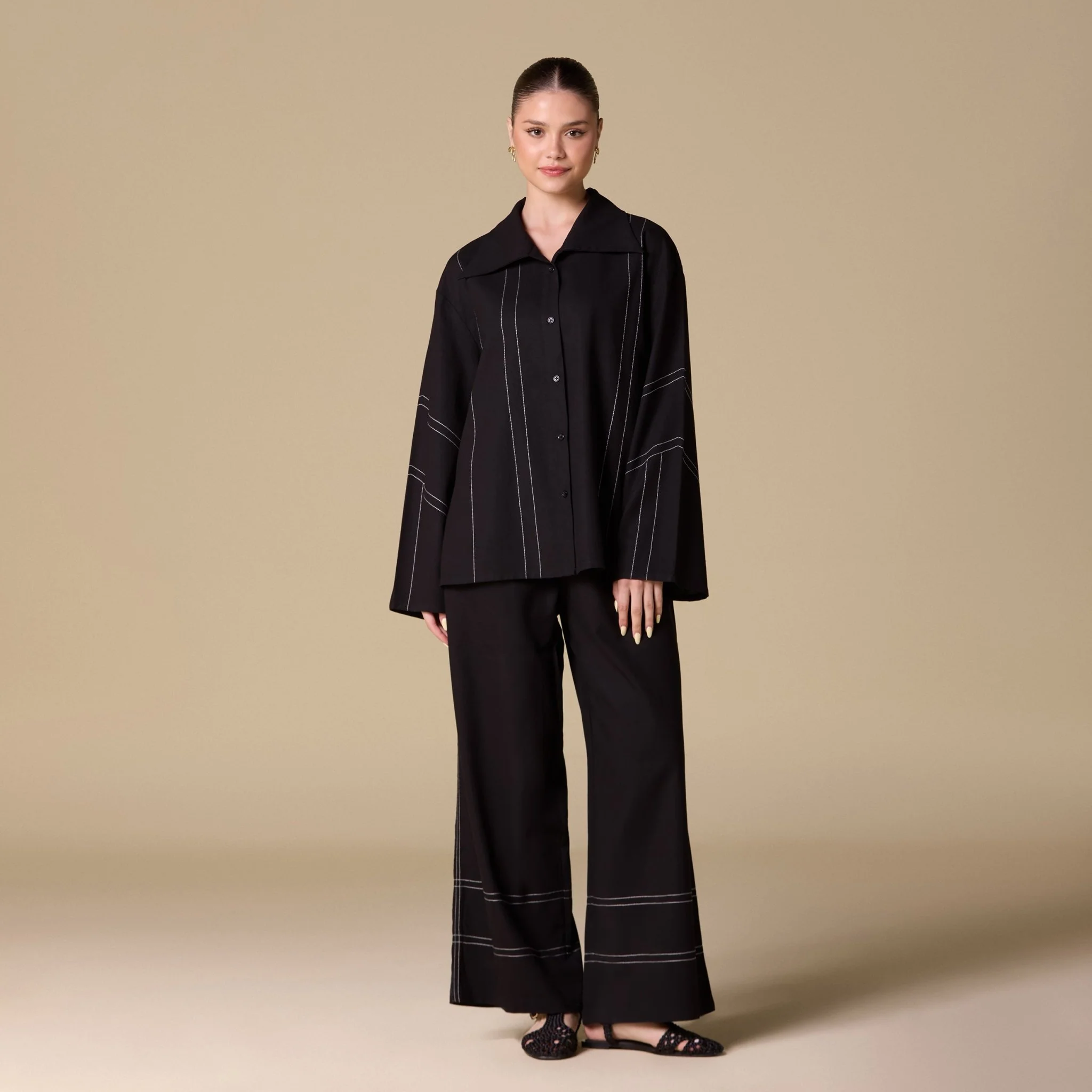 Black Linen White-Stitched Wide Leg Pants - Image 2