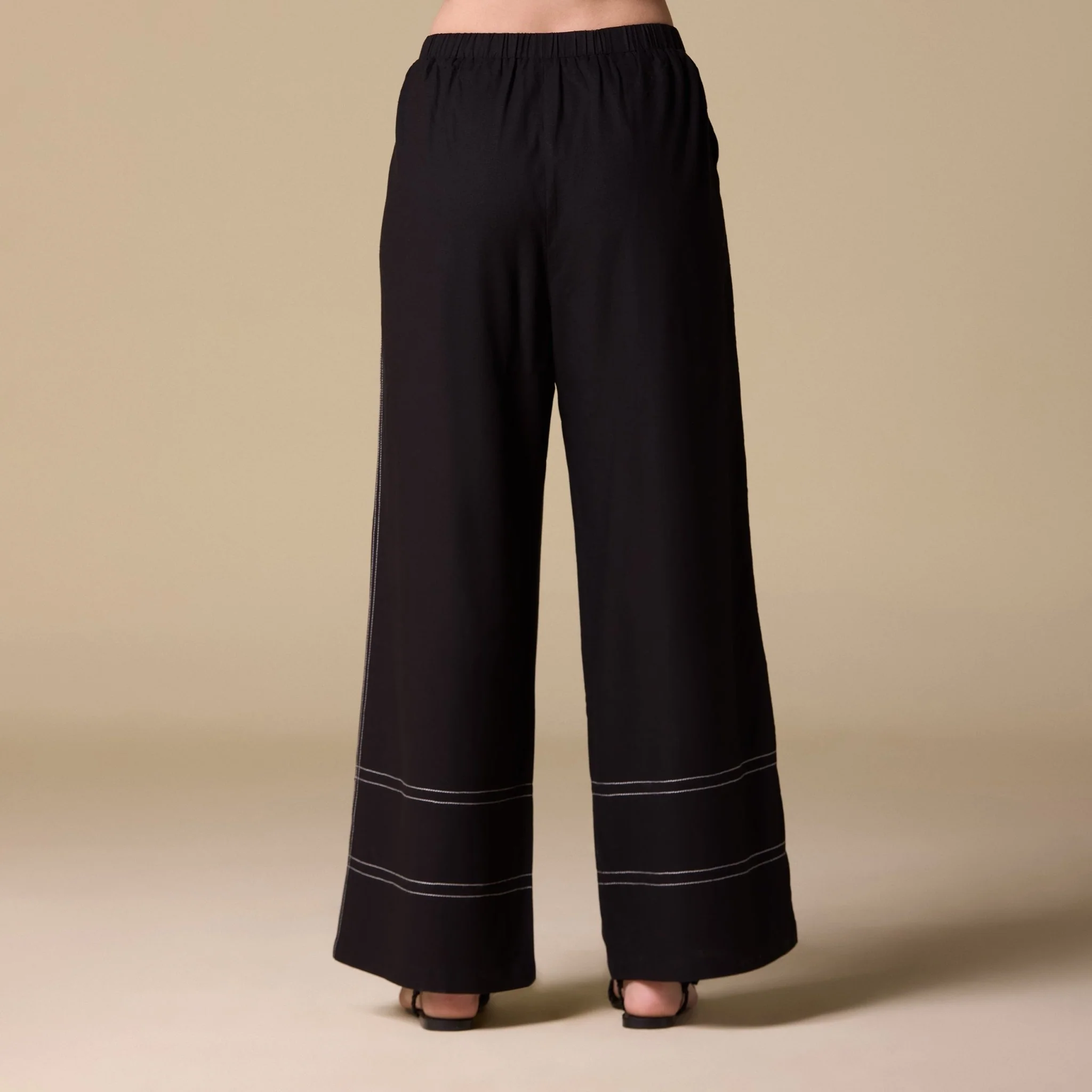 Black Linen White-Stitched Wide Leg Pants - Image 3