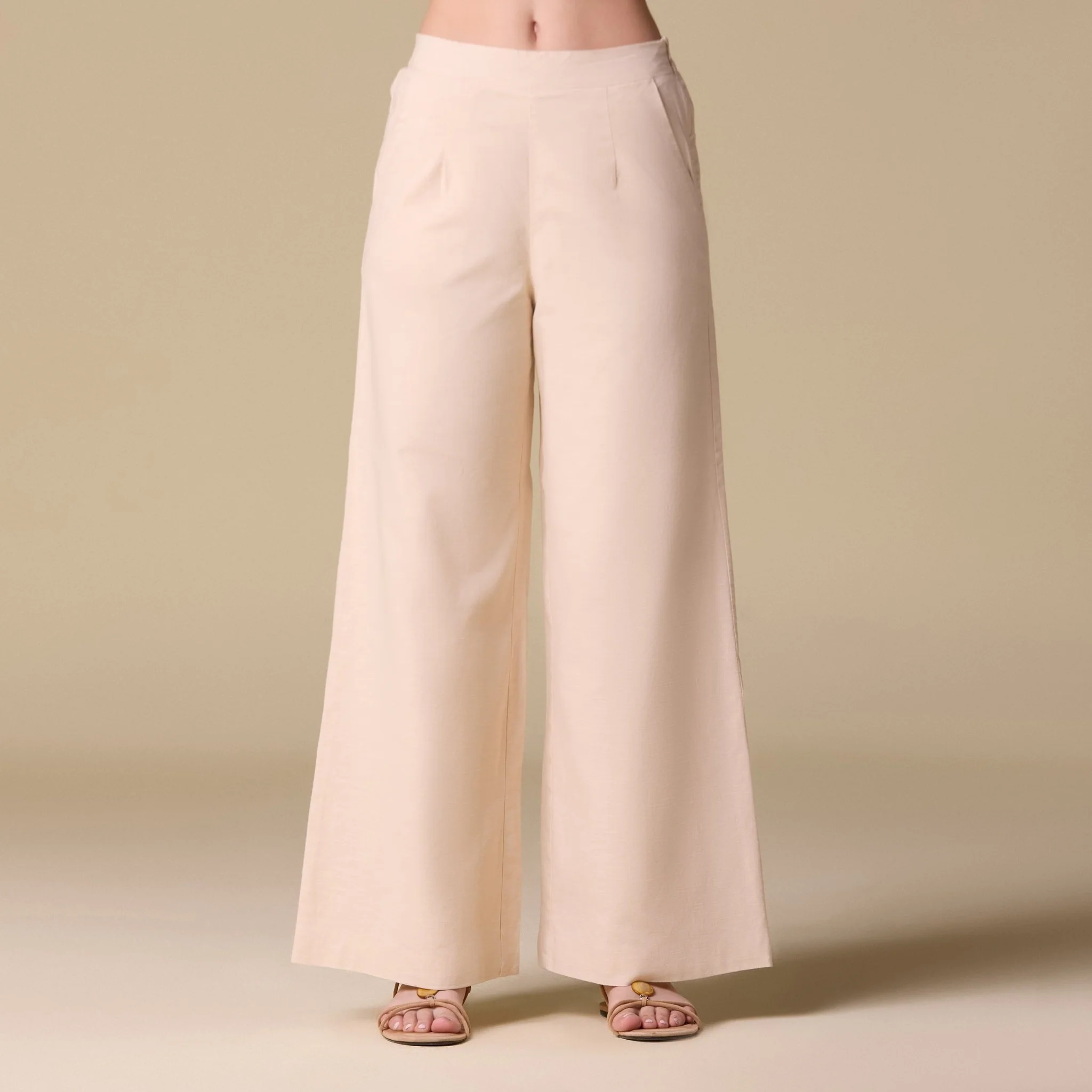 Beige Linen Wide Leg Pants with Side Pockets