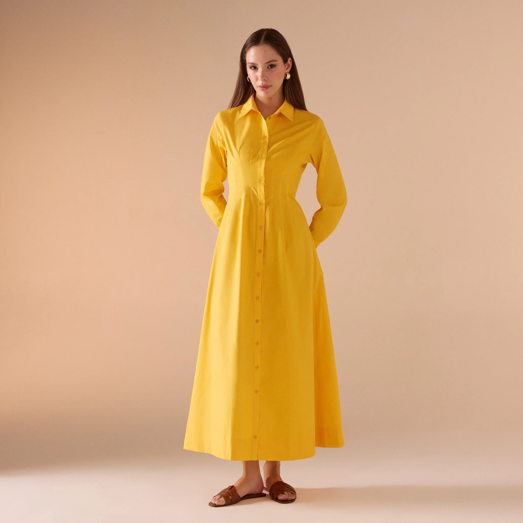 Long Sleeve A-line Maxi Poplin Dress - Image 9