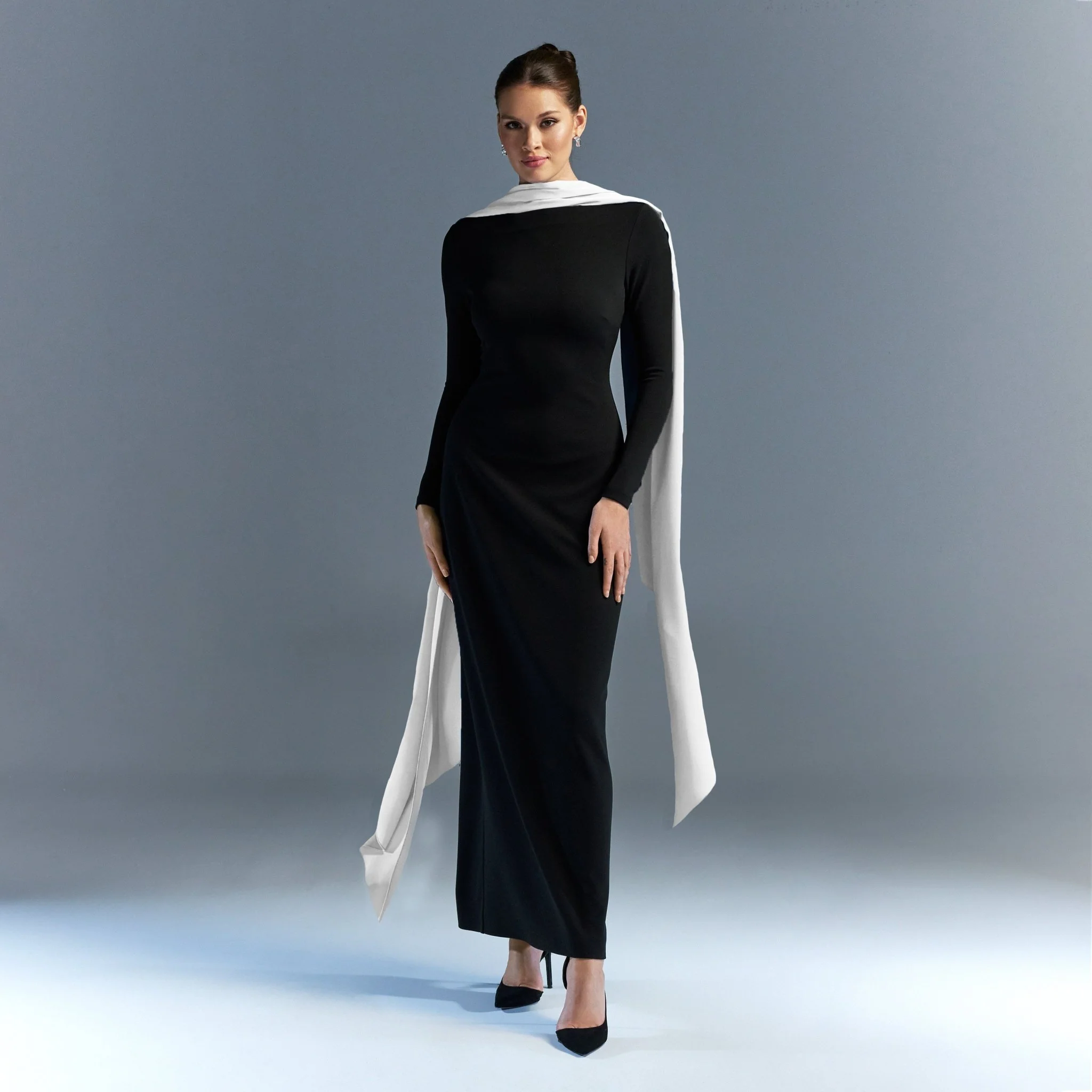 Long sleeve crepe dress with satin scarf