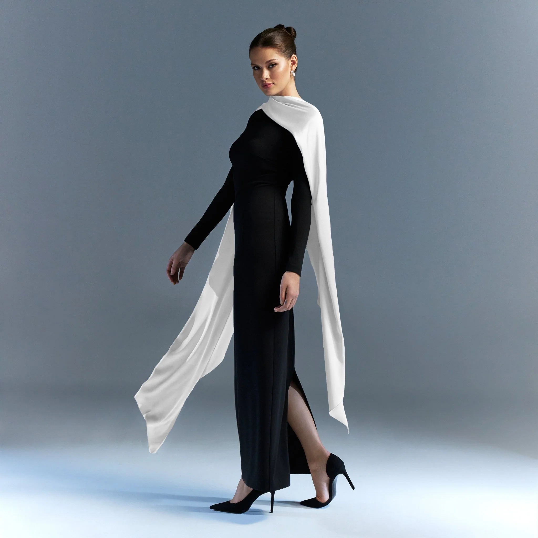 Long sleeve crepe dress with satin scarf - Image 2