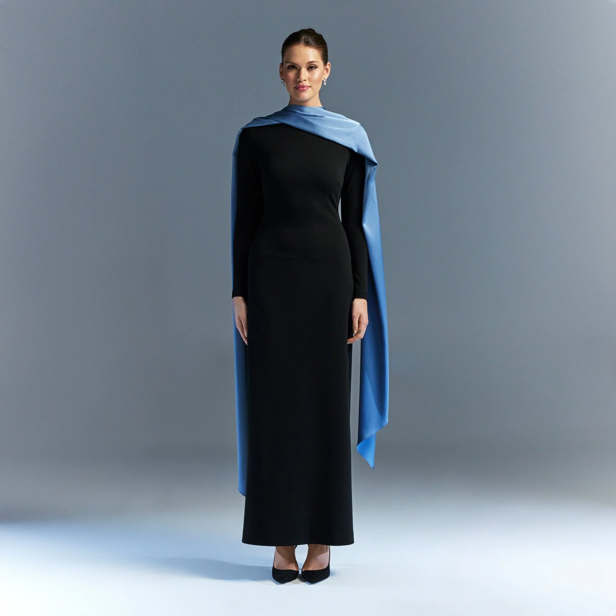 Long sleeve crepe dress with satin scarf