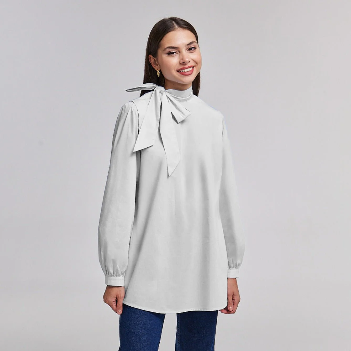 Long Sleeve Tunic Top With Tie Neck - Image 3