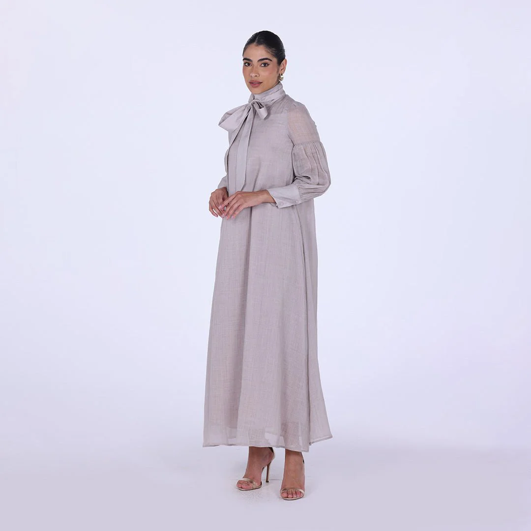 Beige Long Sleeve With Neck Bow Dress - Image 2