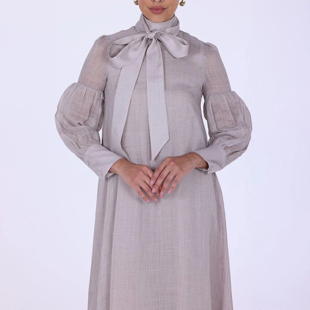 Beige Long Sleeve With Neck Bow Dress - Image 3