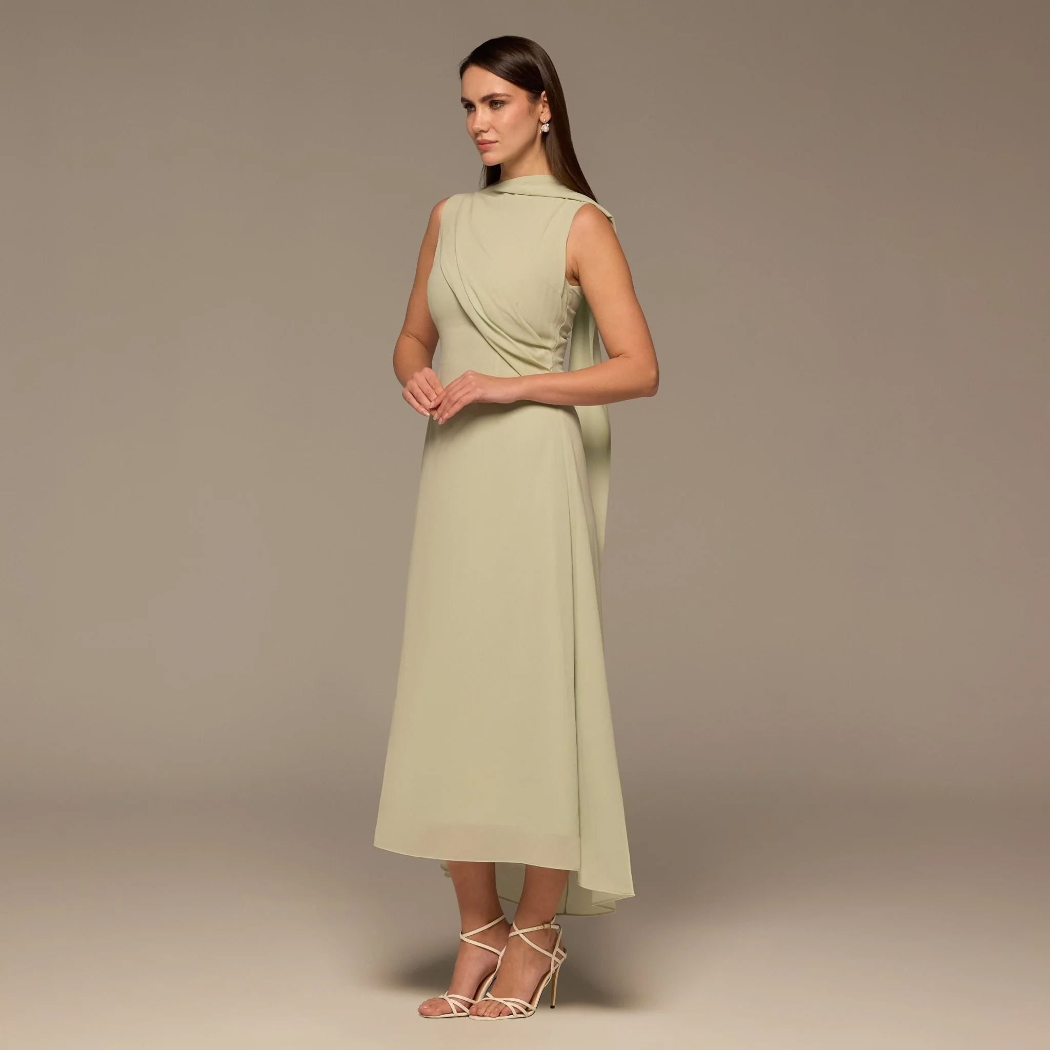 Mint Green Draped Chiffon Midi Dress - Image 2