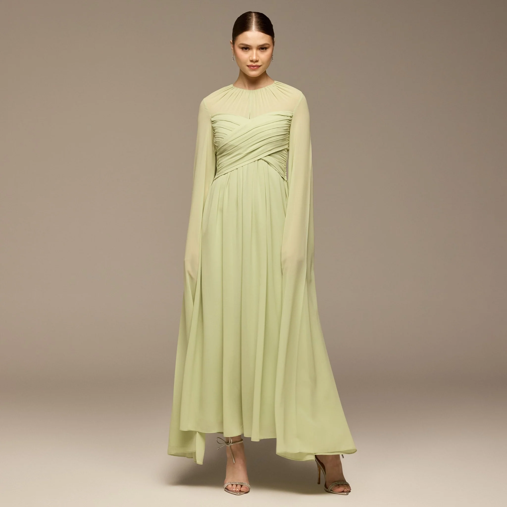 Mint Green Round Gathered-Neck Chiffon Maxi Dress
