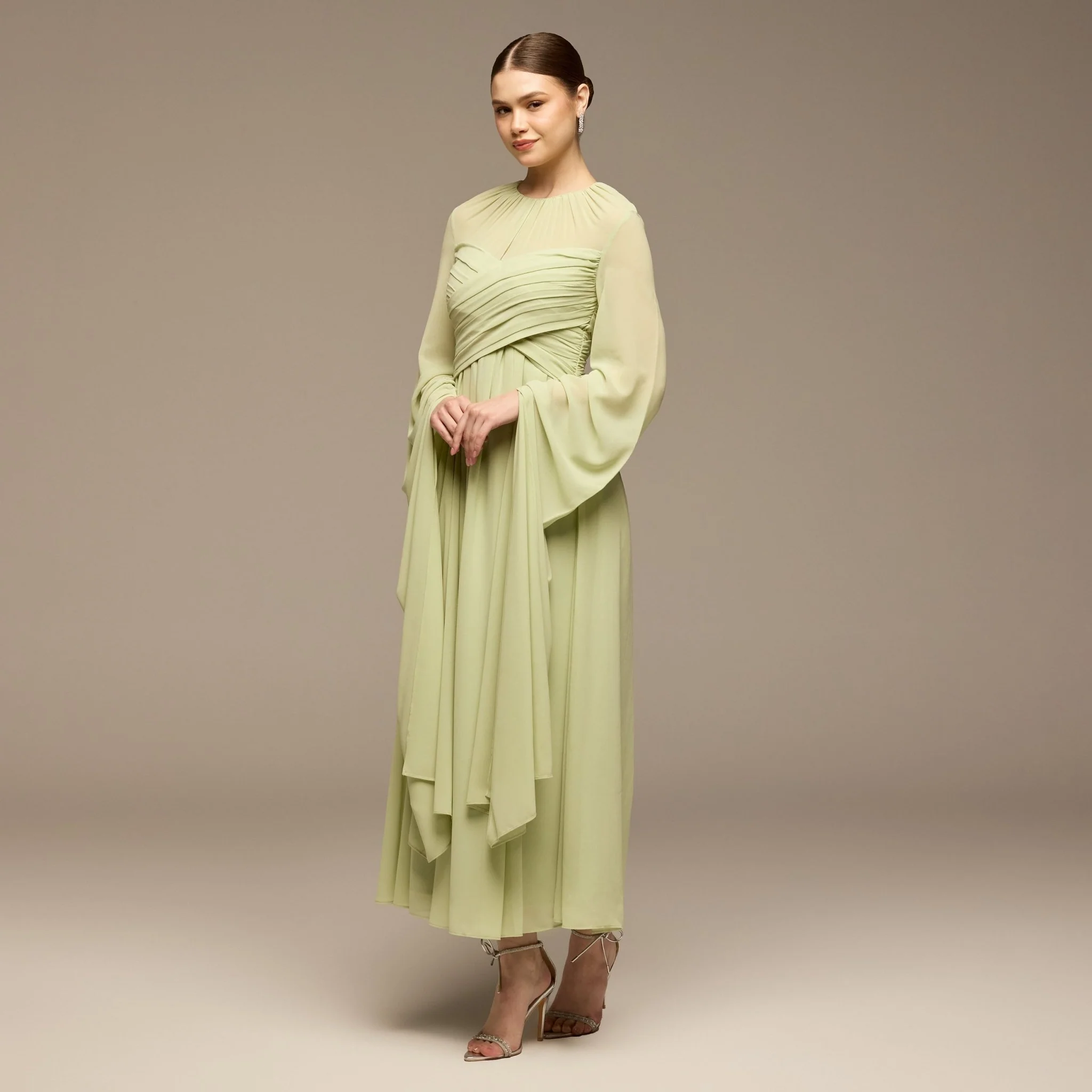 Mint Green Round Gathered-Neck Chiffon Maxi Dress - Image 2