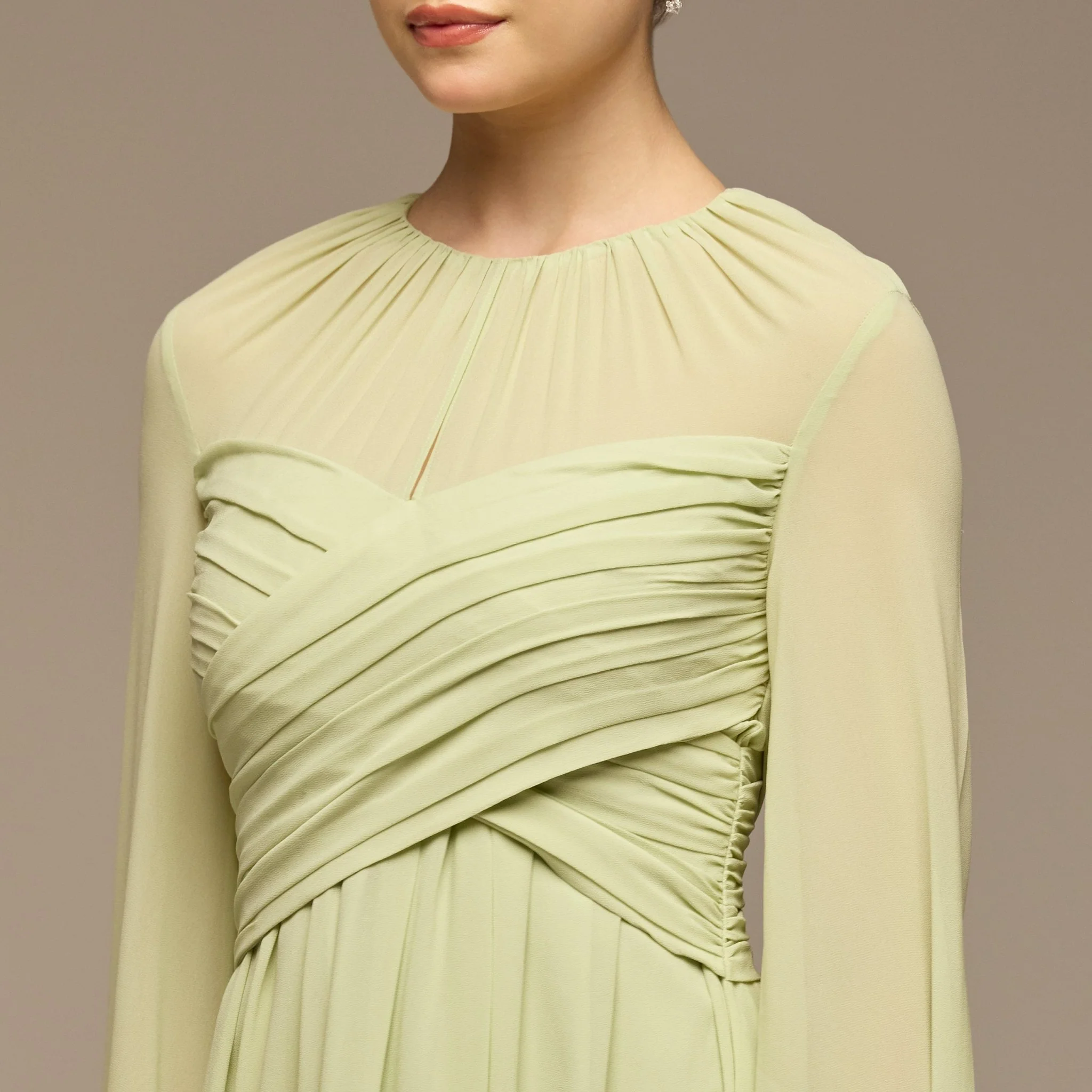 Mint Green Round Gathered-Neck Chiffon Maxi Dress - Image 3