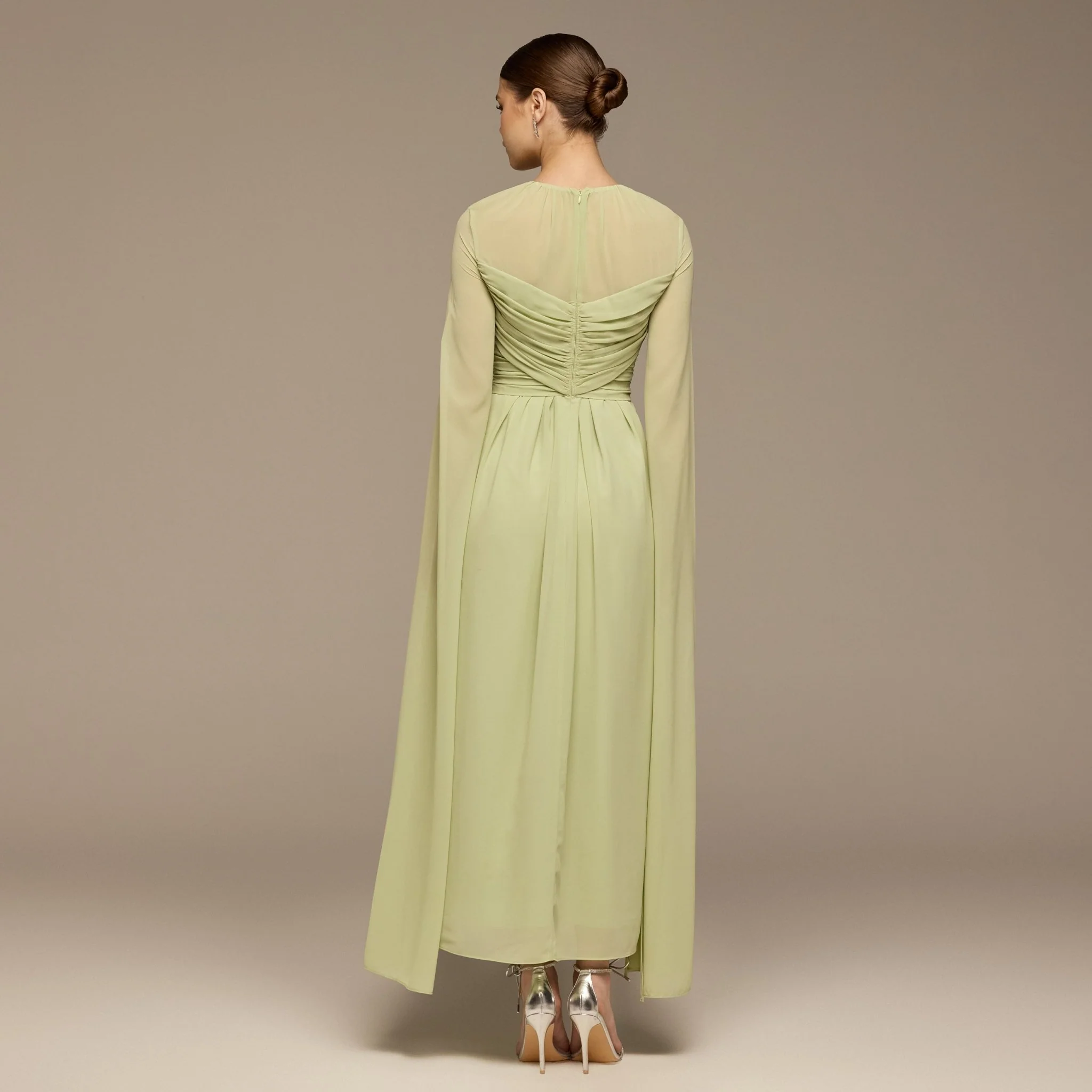 Mint Green Round Gathered-Neck Chiffon Maxi Dress - Image 4