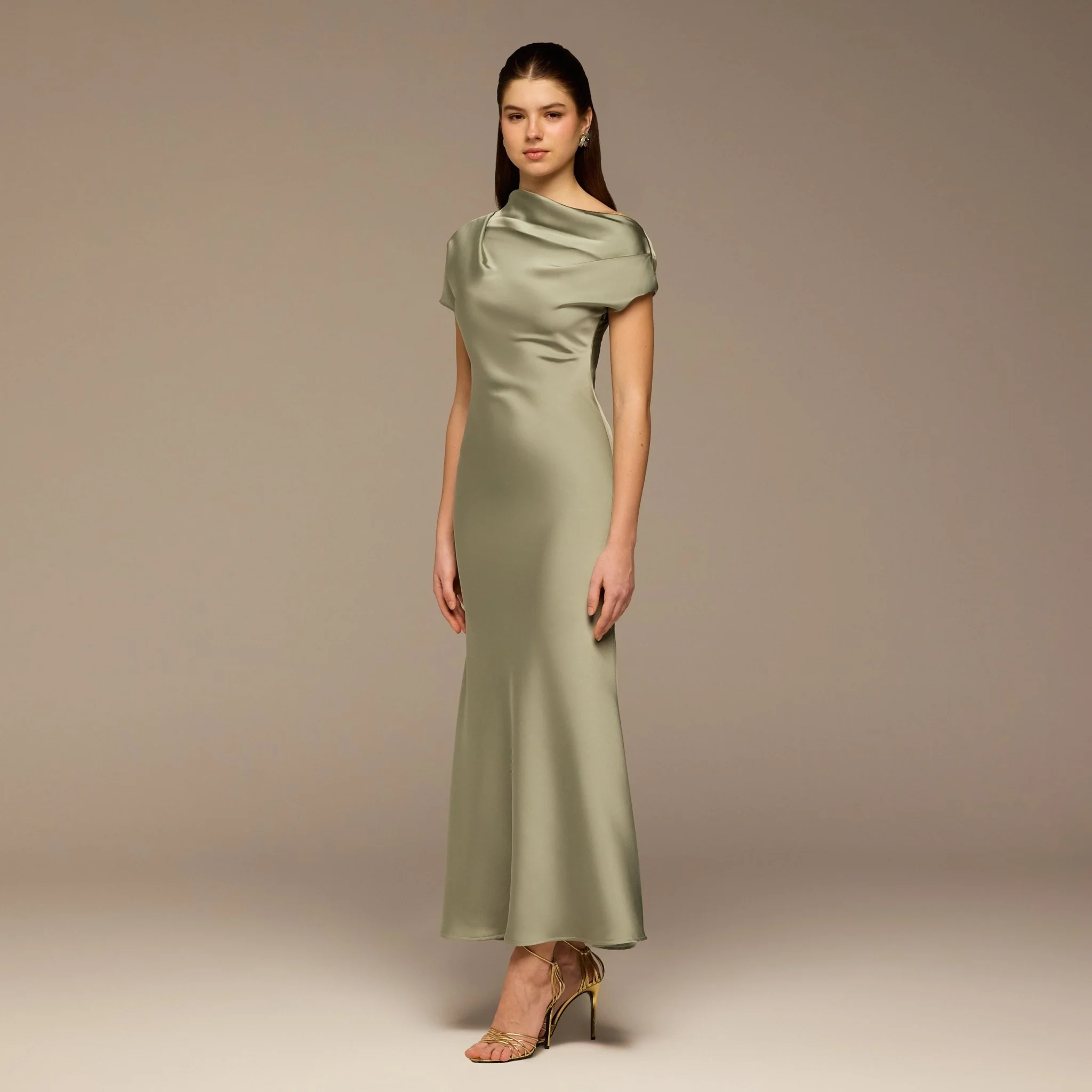 Mint Green Draped Neckline Satin Maxi Dress - Image 2