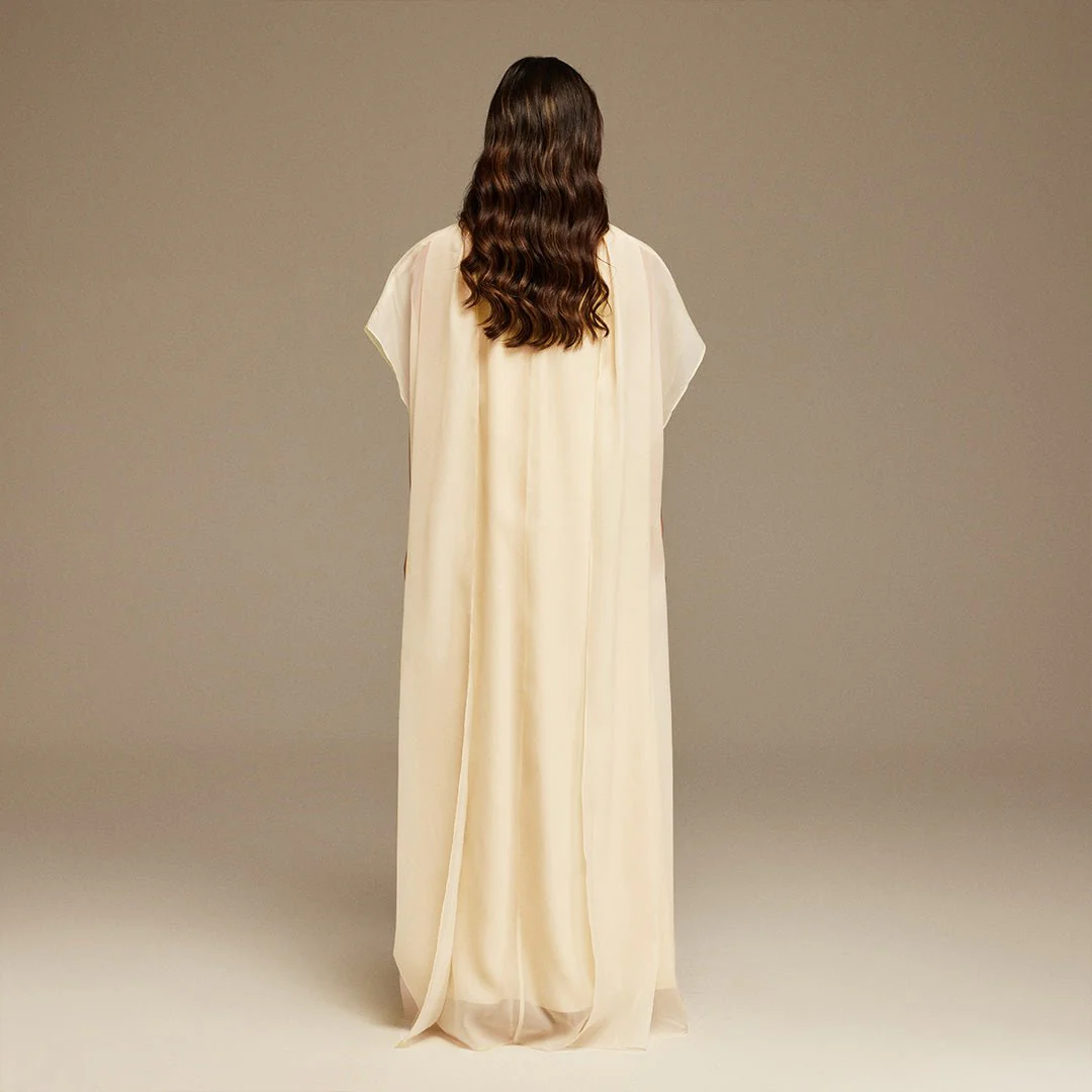 Light yellow Halter Neckline Maxi Dress With Cape with scarf - Image 3