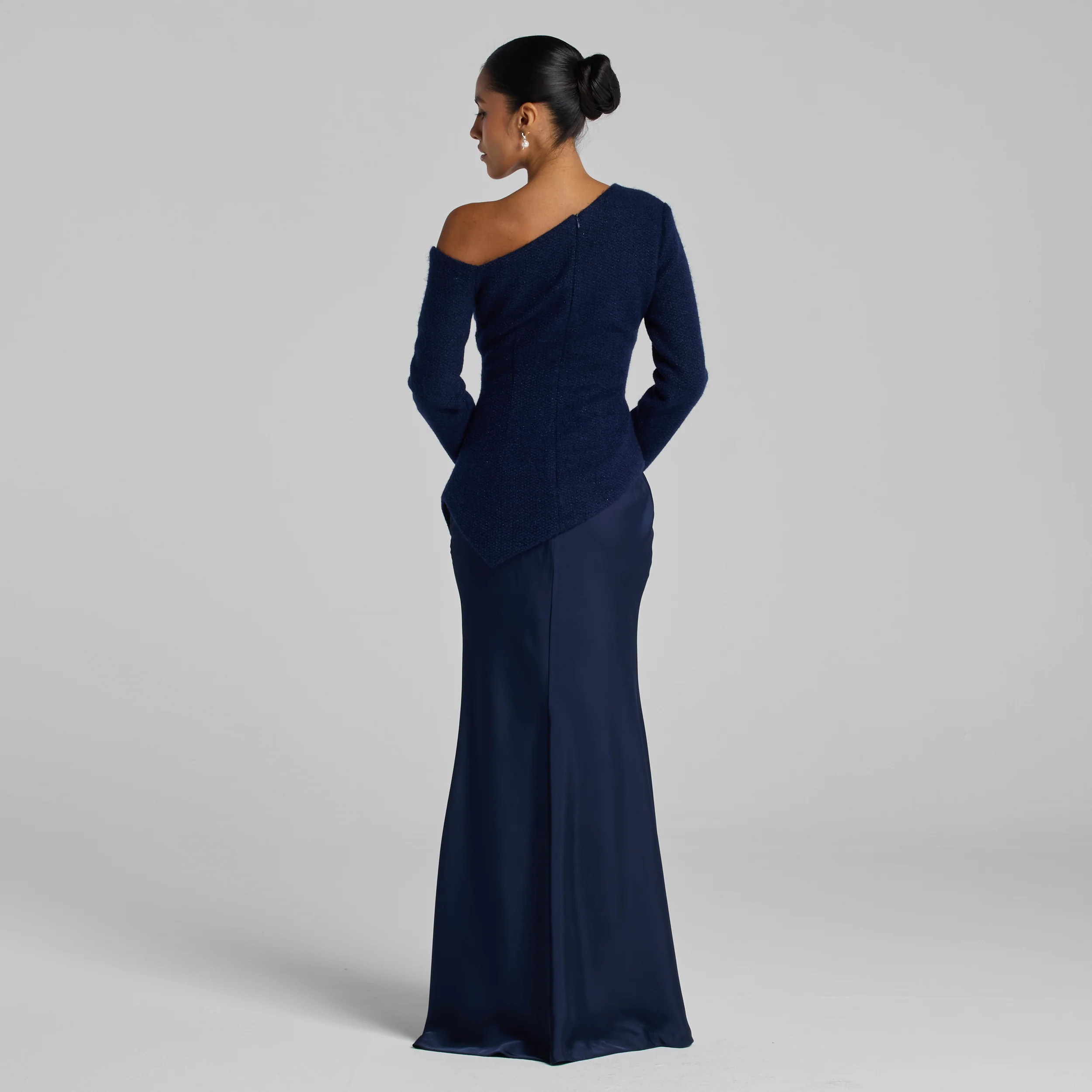 Navy Asymmetric Neckline Tweed-Satin Dress - Image 3