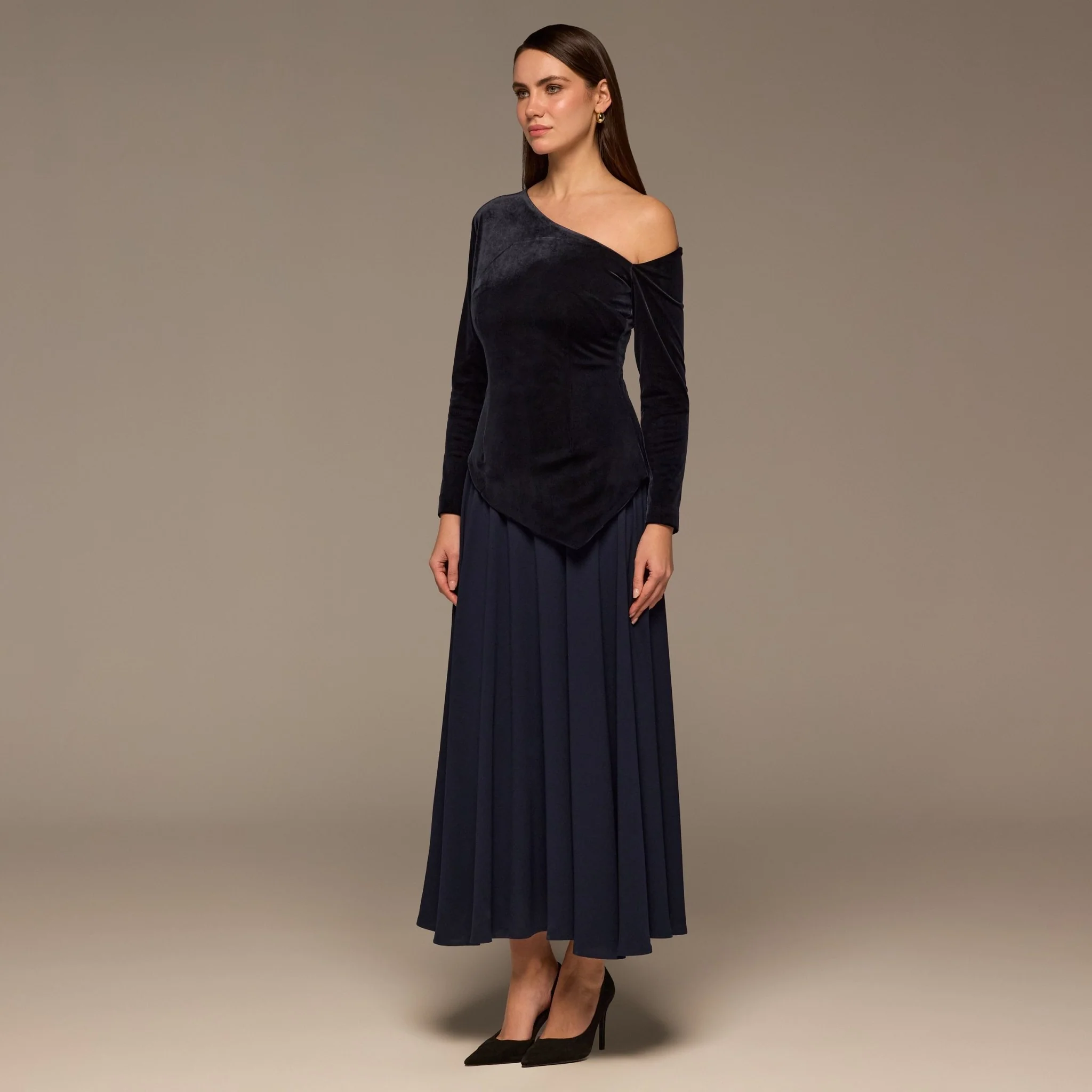 Navy Asymmetric Velvet and Crepe A-Line Dress - Image 2