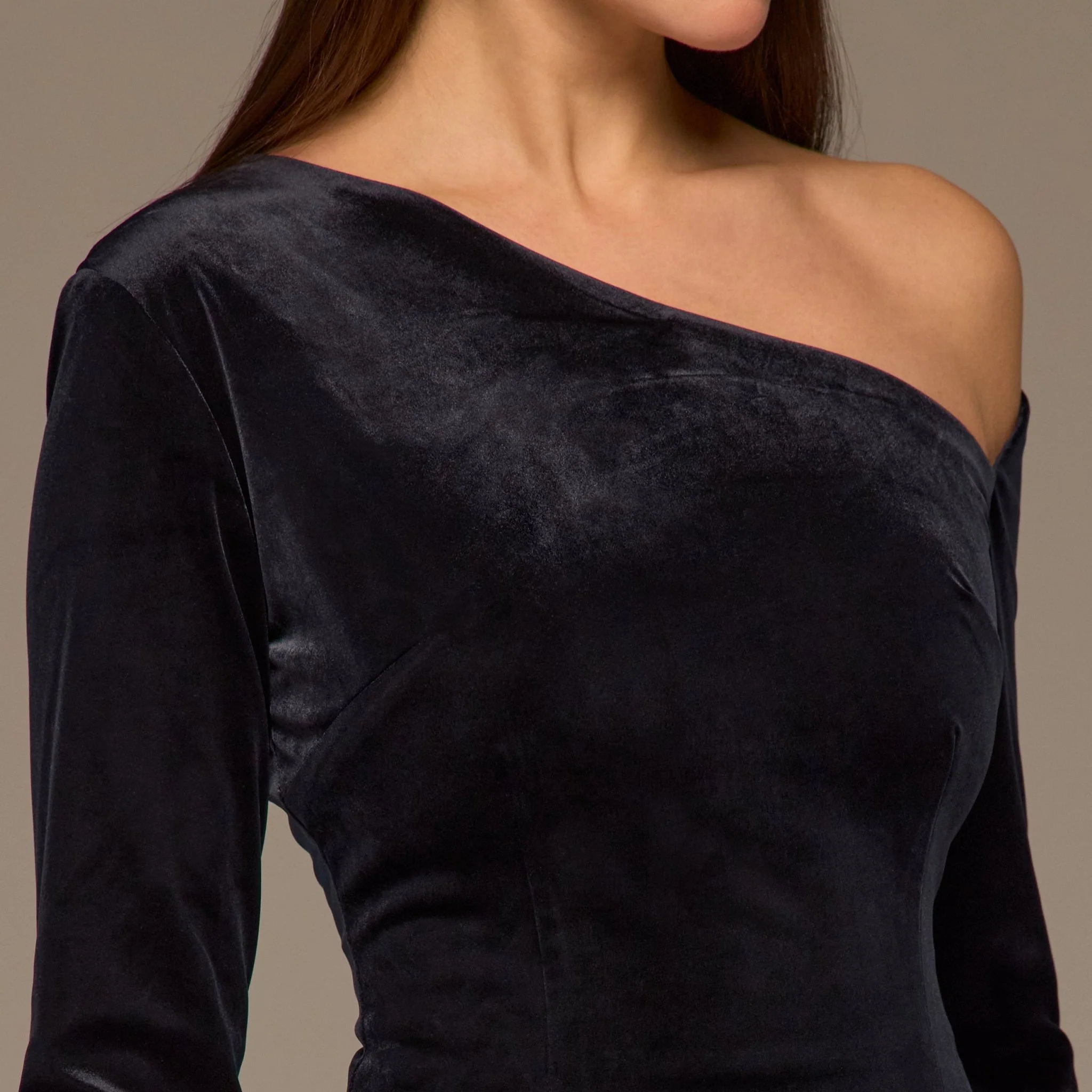 Navy Asymmetric Velvet and Crepe A-Line Dress - Image 3