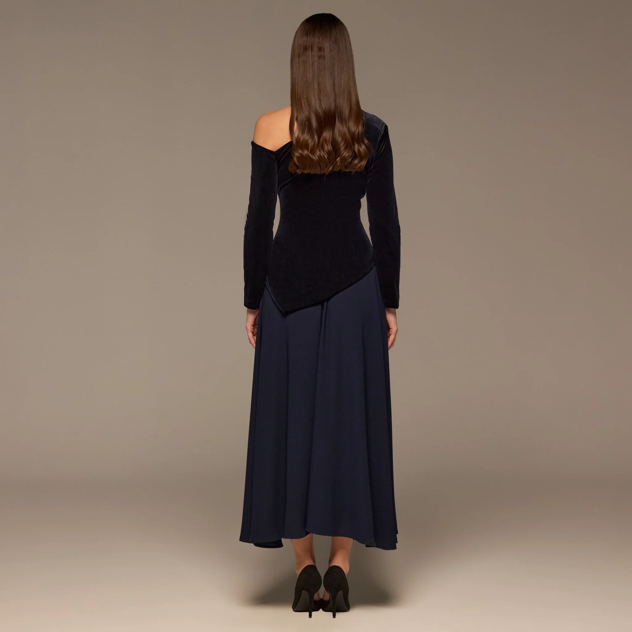Navy Asymmetric Velvet and Crepe A-Line Dress - Image 4