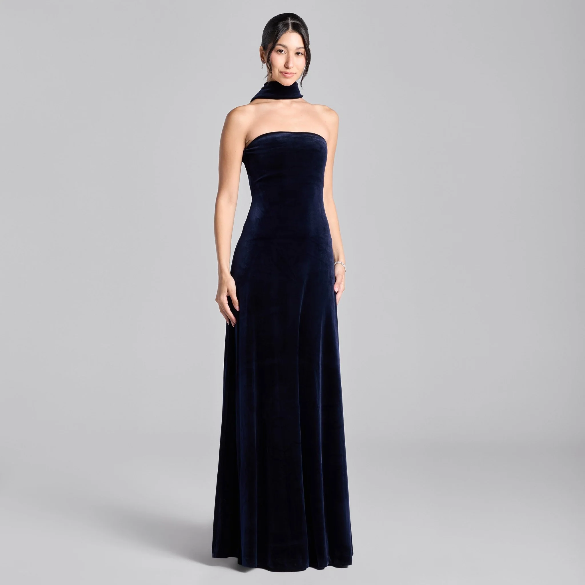 Navy Choker Neck Velvet Maxi Dress