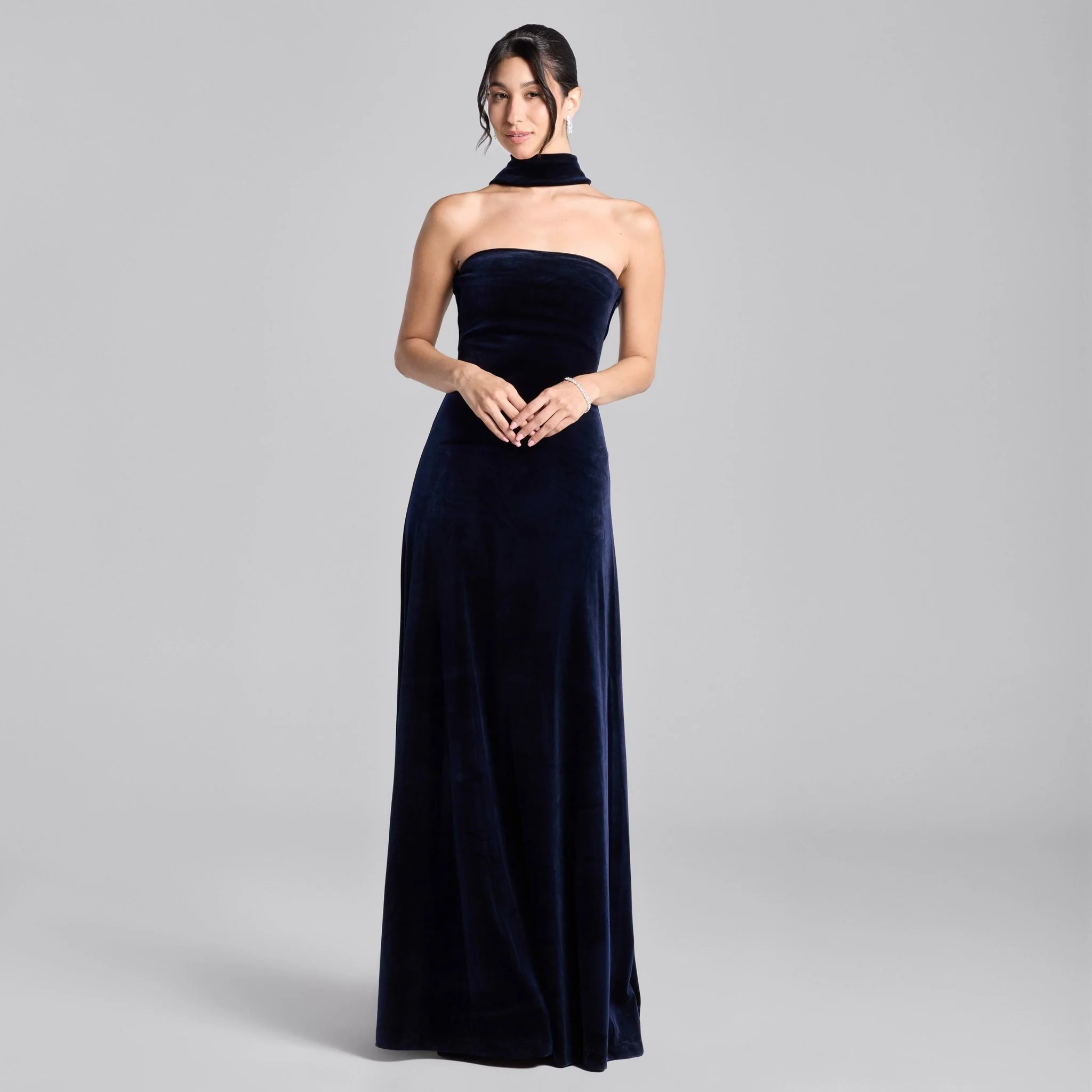 Navy Choker Neck Velvet Maxi Dress - Image 2