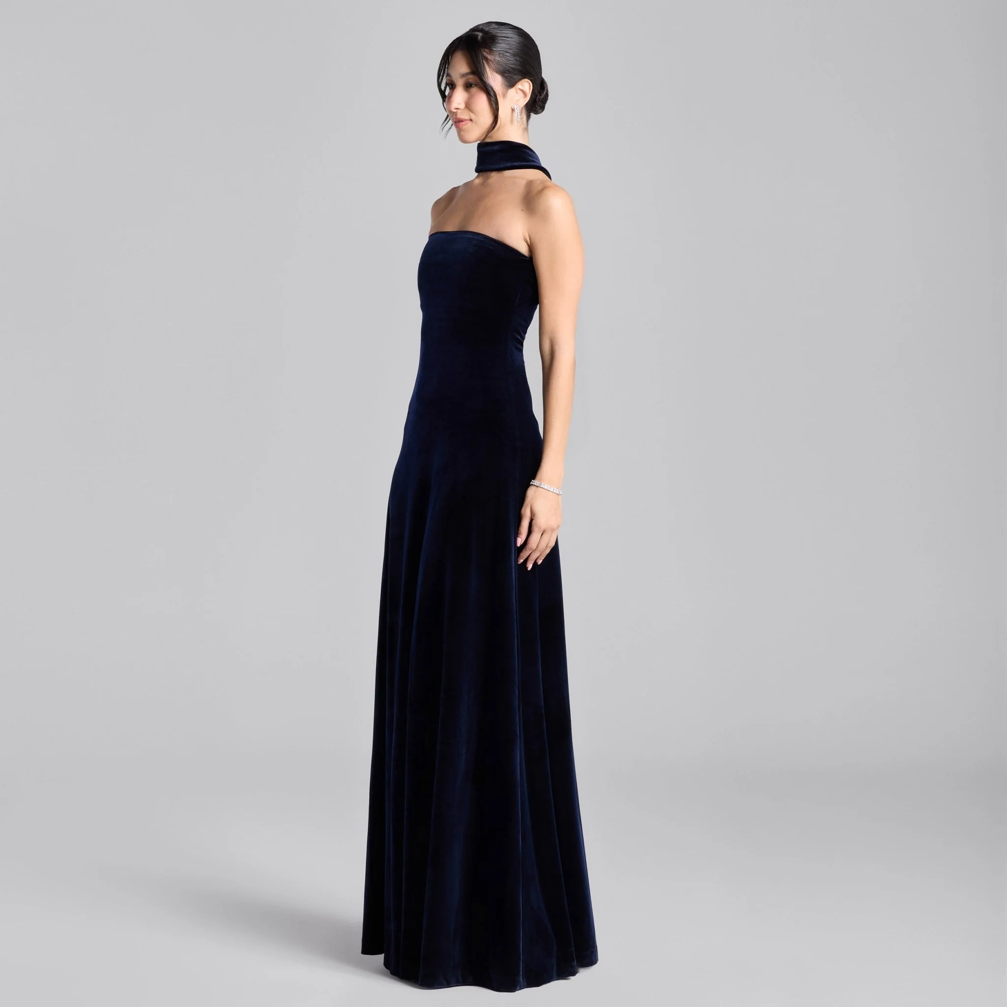 Navy Choker Neck Velvet Maxi Dress - Image 3