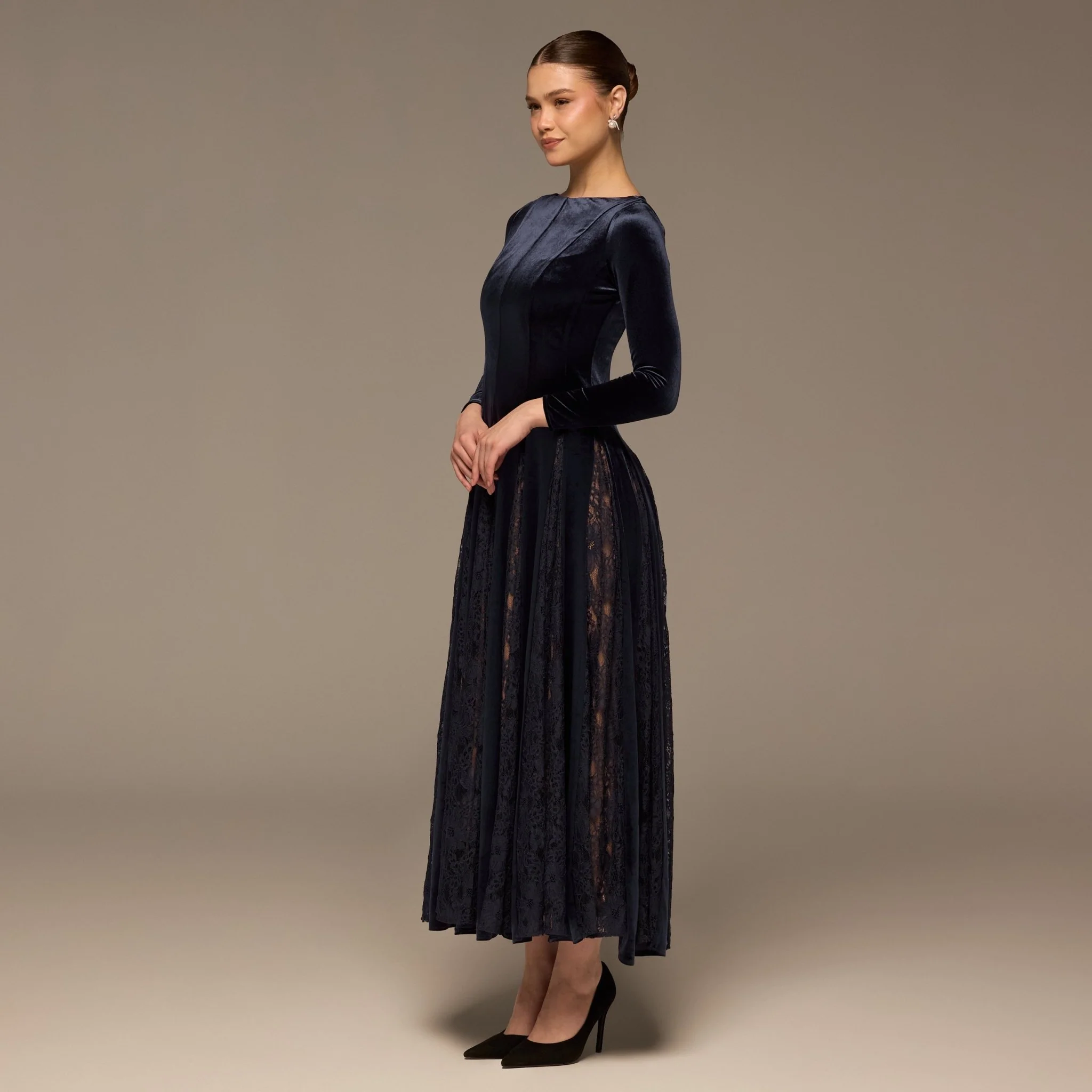 Navy Velvet Maxi Dress with Lace Godets - Image 2