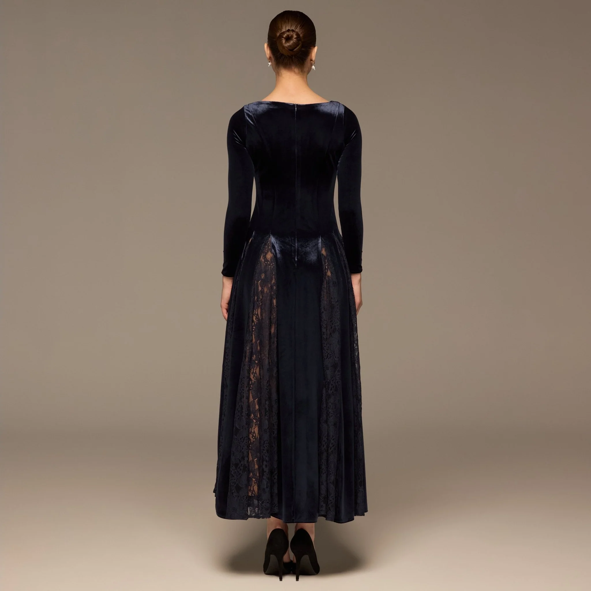 Navy Velvet Maxi Dress with Lace Godets - Image 4