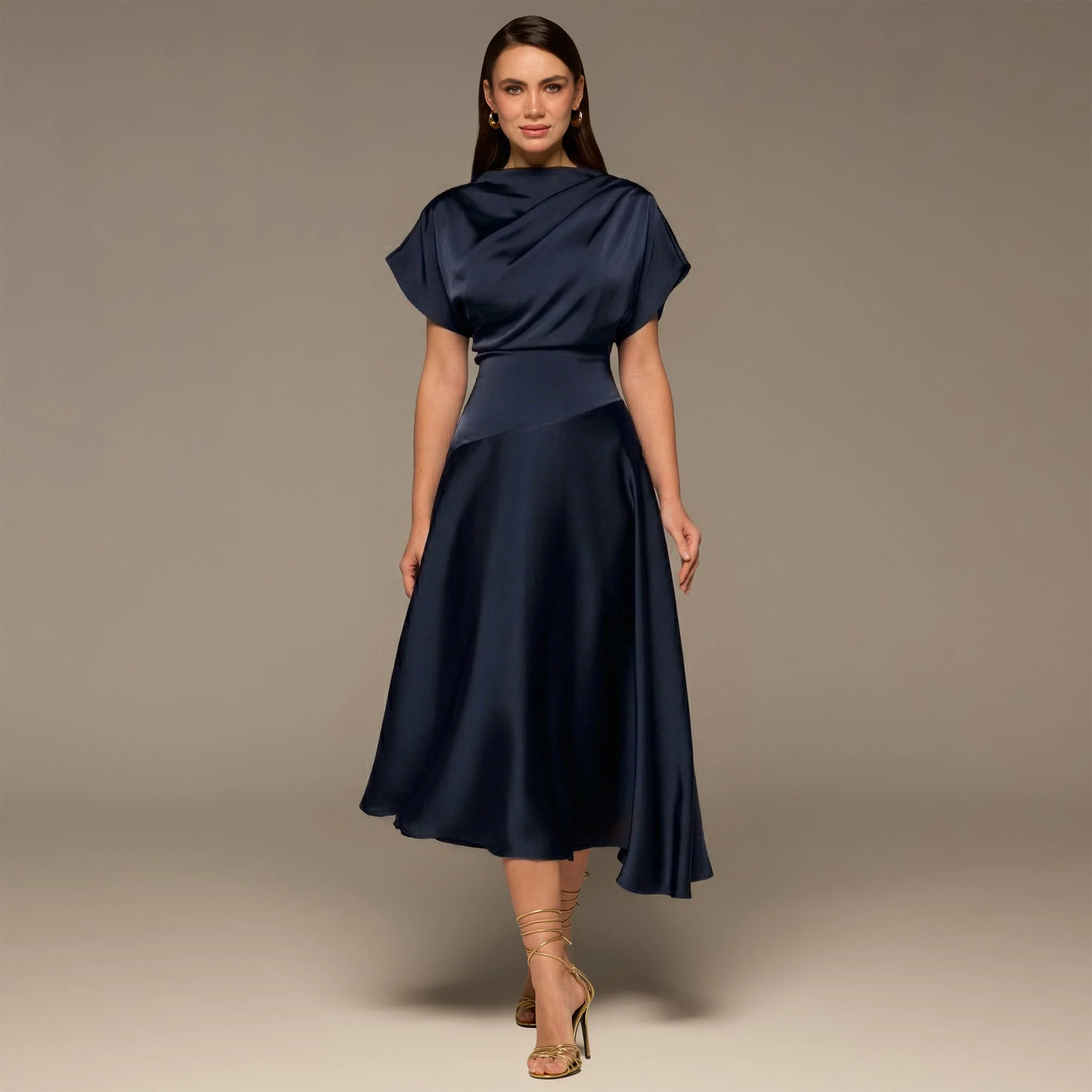 Navy Short Sleeve Asymmetric Satin Dress