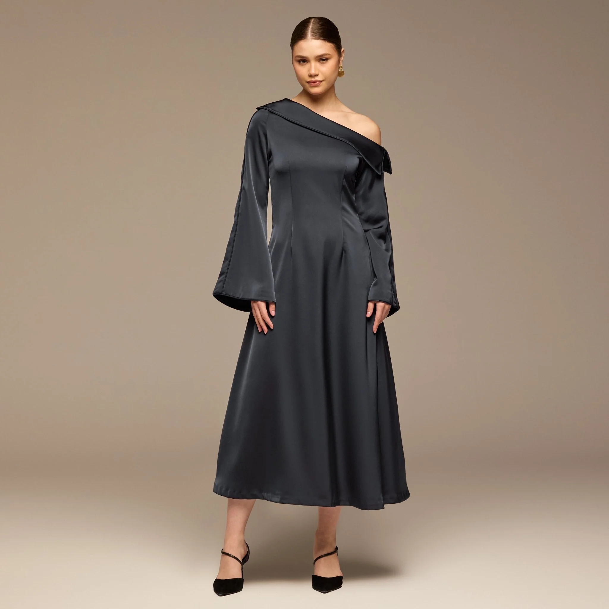 Navy Fold Neck Satin Dress