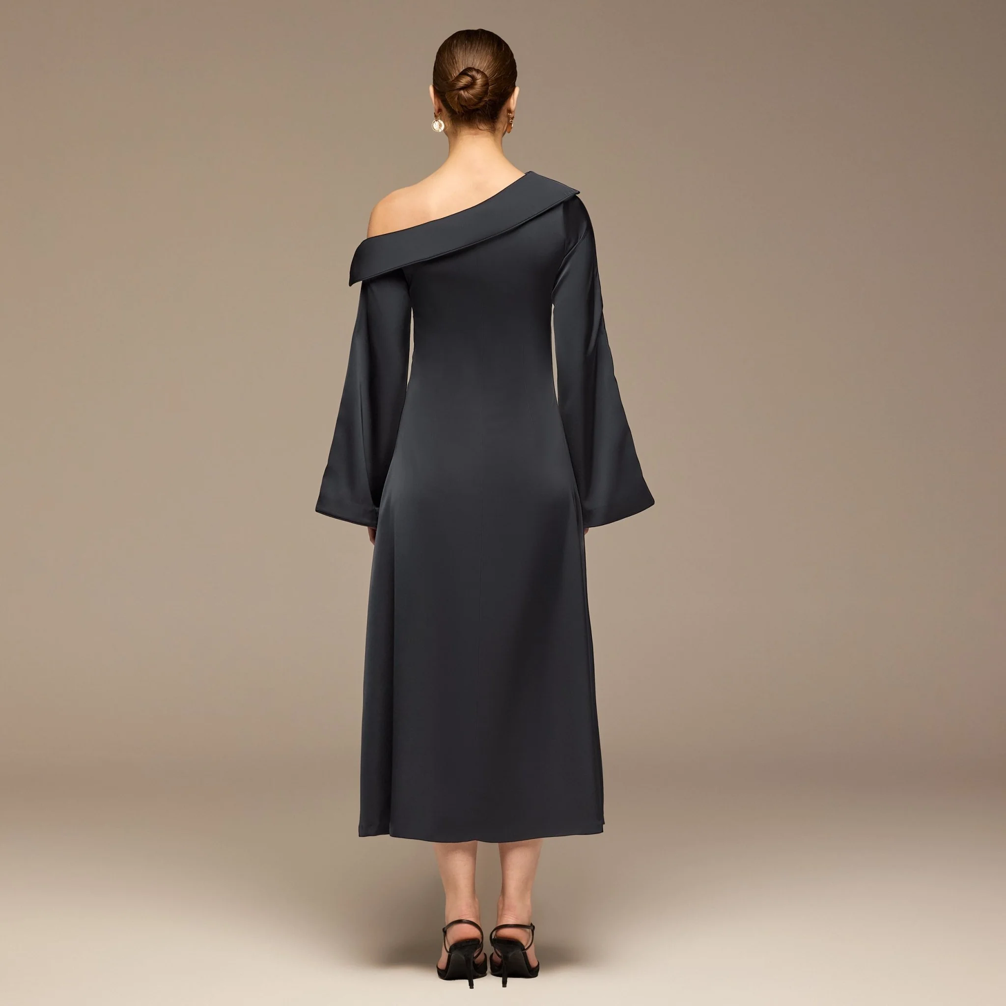 Navy Fold Neck Satin Dress - Image 4