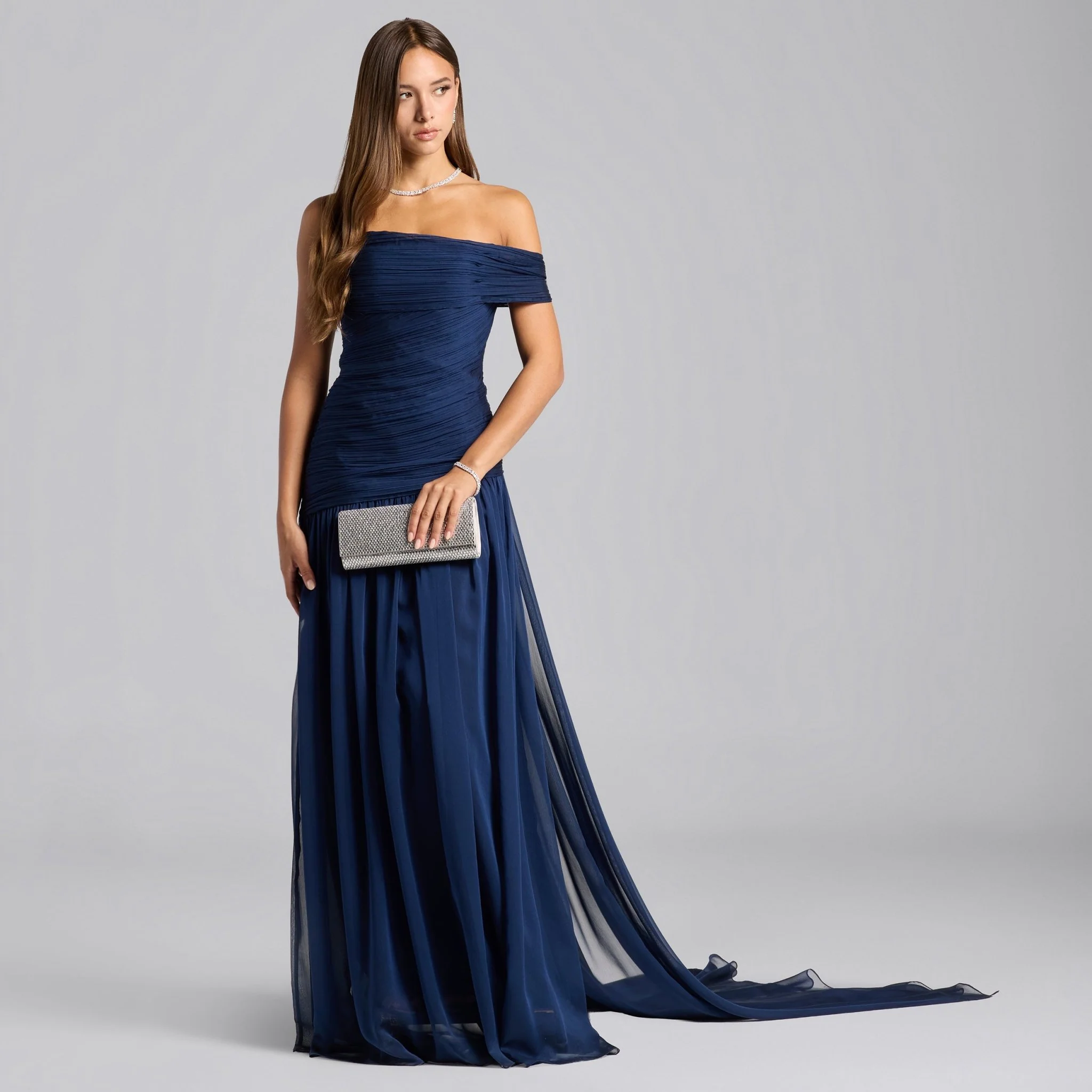 Navy Chiffon Ruched Gown with Back Scarf