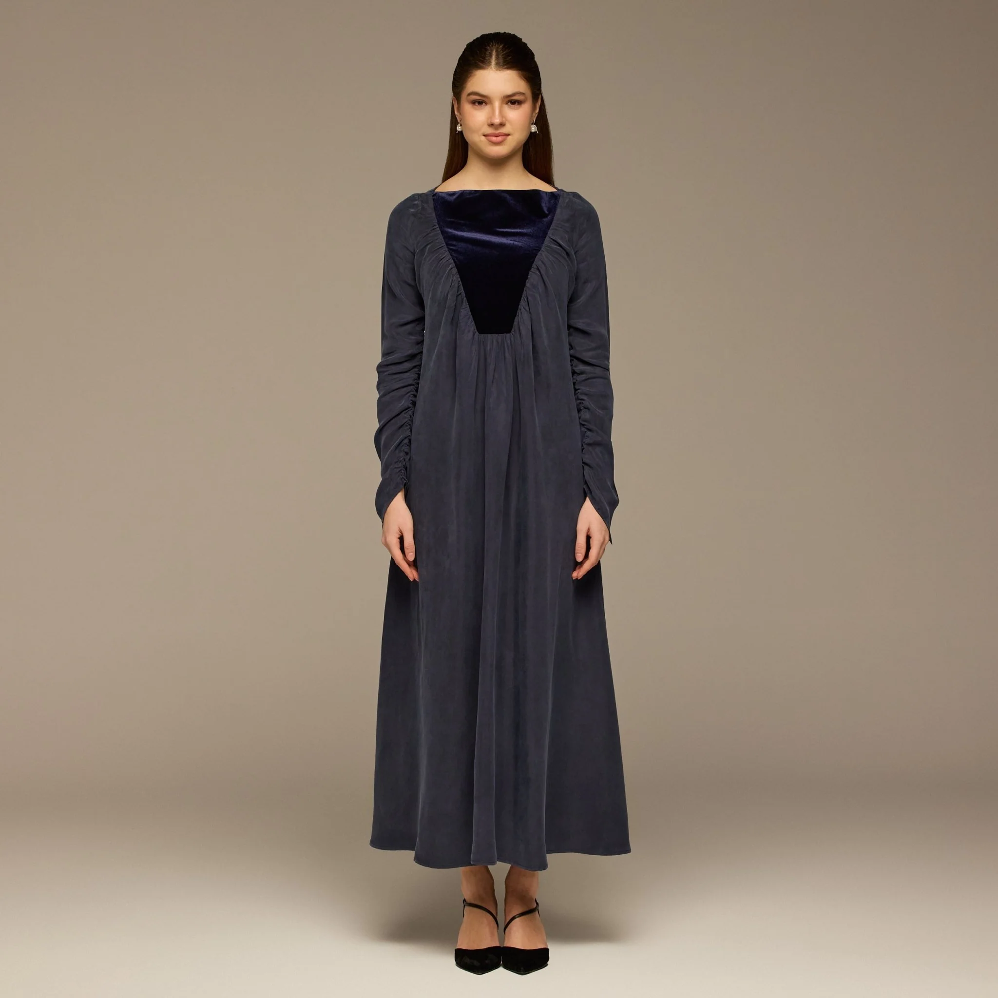Navy Cupro Dress with Velvet Panel Detail
