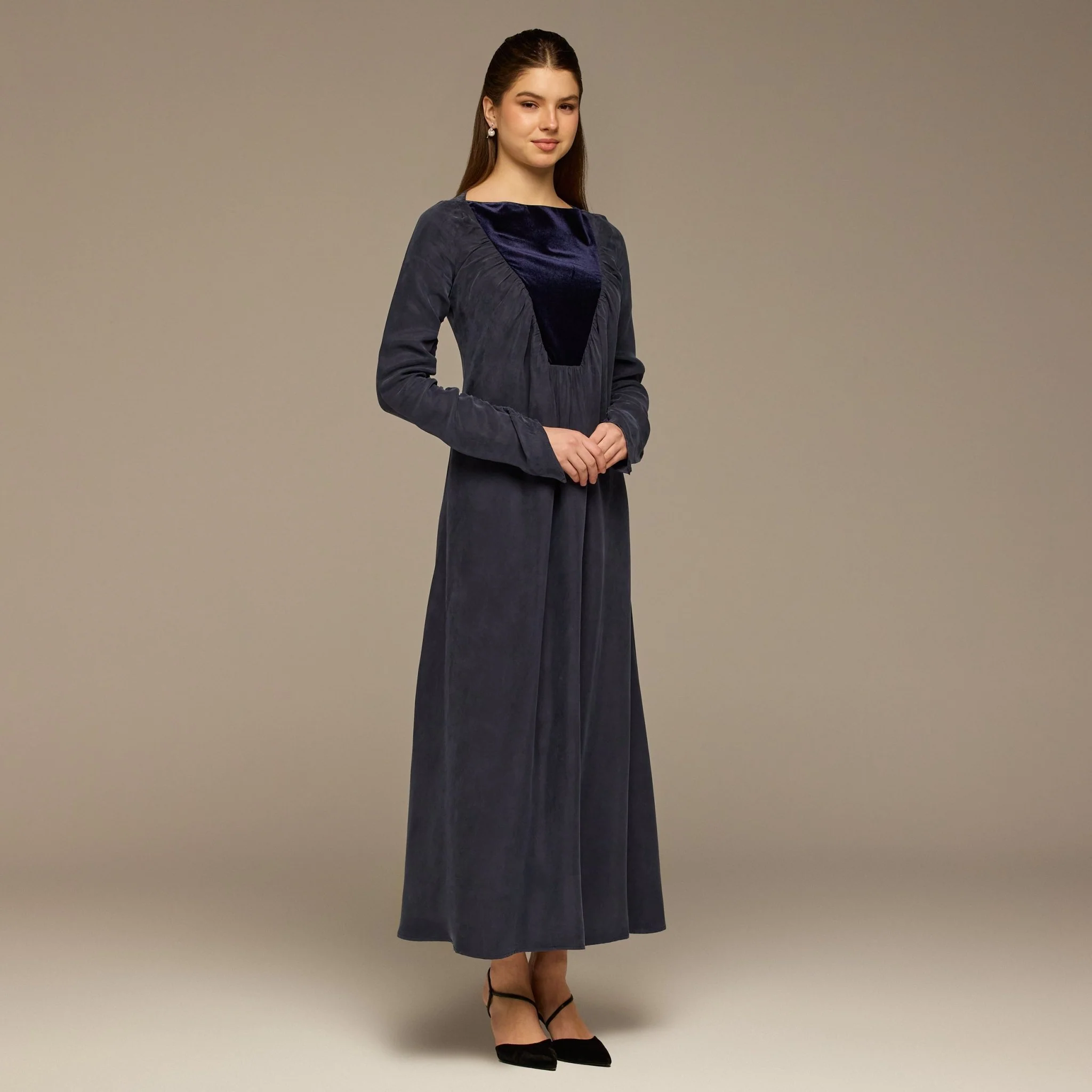 Navy Cupro Dress with Velvet Panel Detail - Image 2