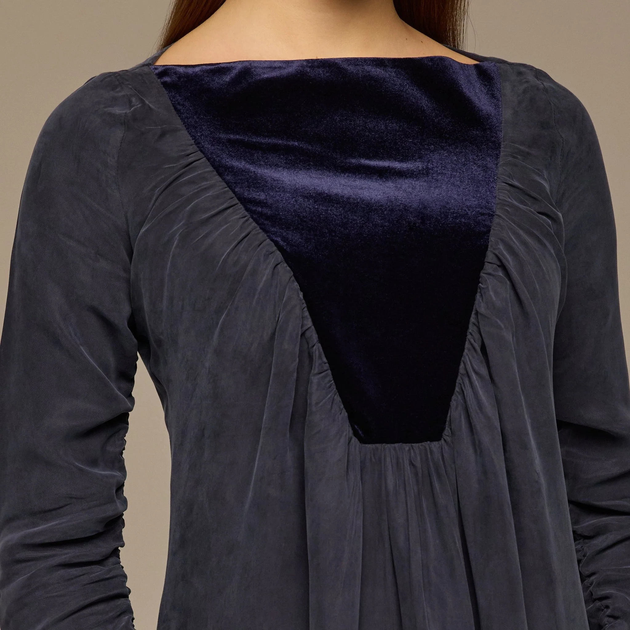 Navy Cupro Dress with Velvet Panel Detail - Image 3