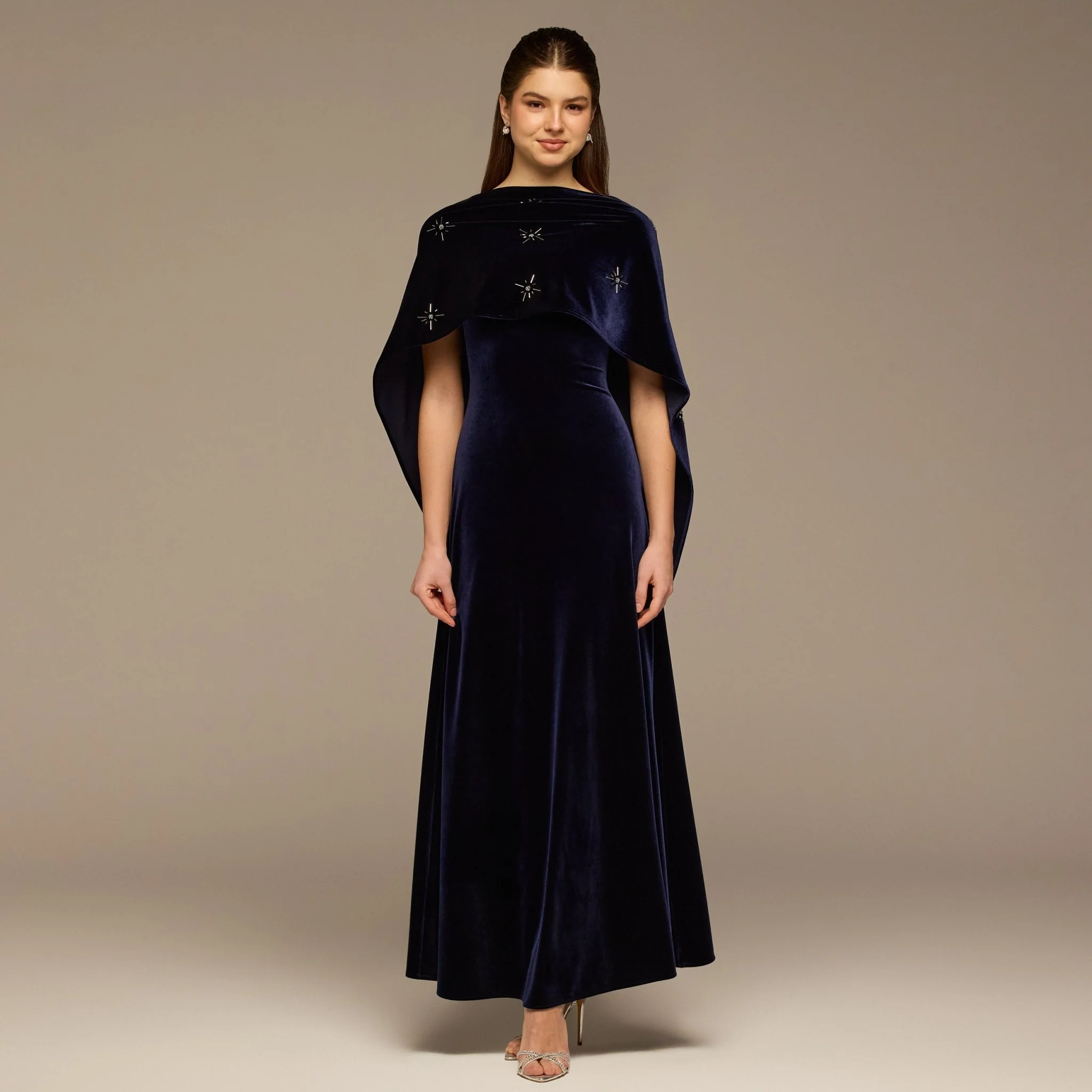 Navy Beaded Velvet Maxi Dress