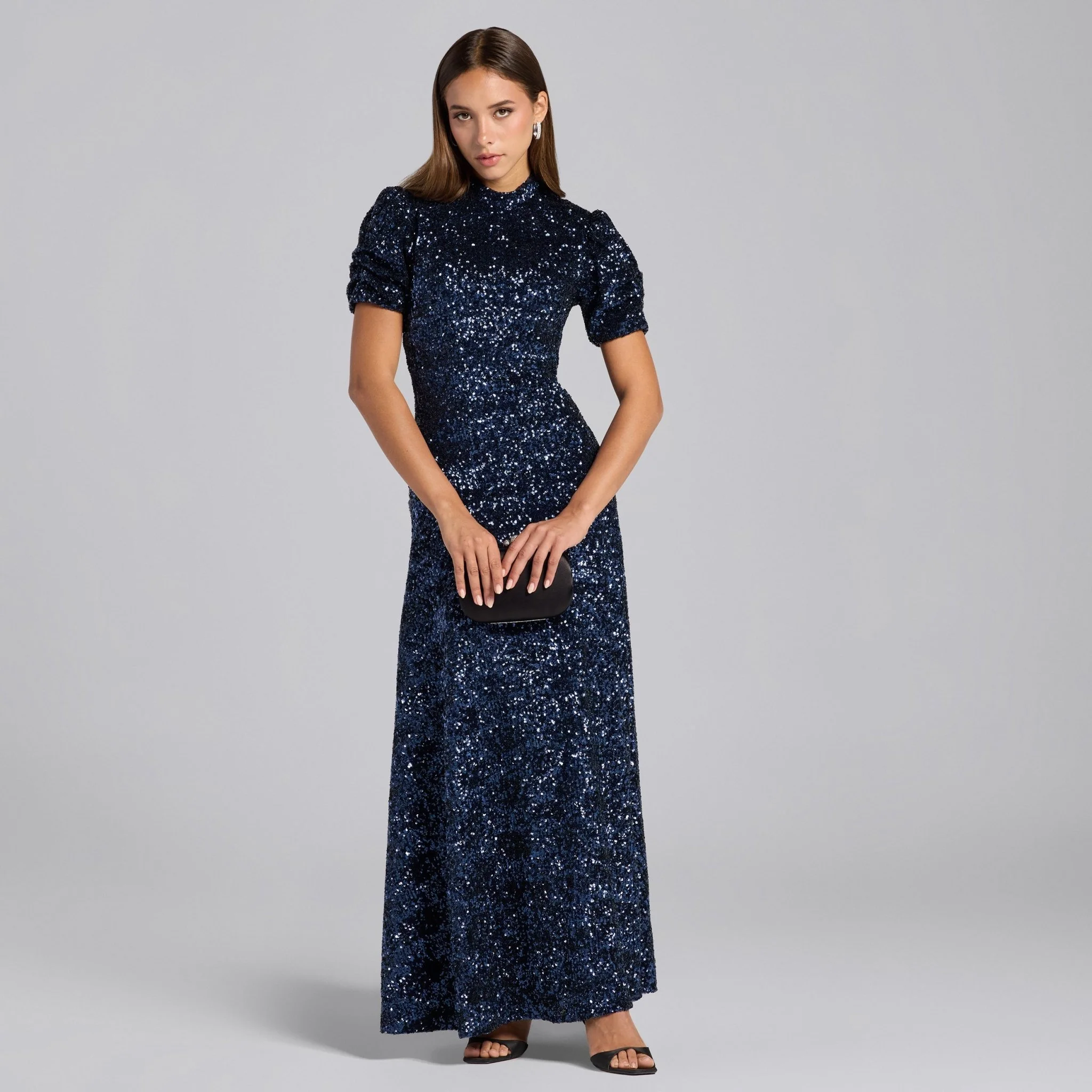 Navy Sequin Puff Sleeve Maxi Dress