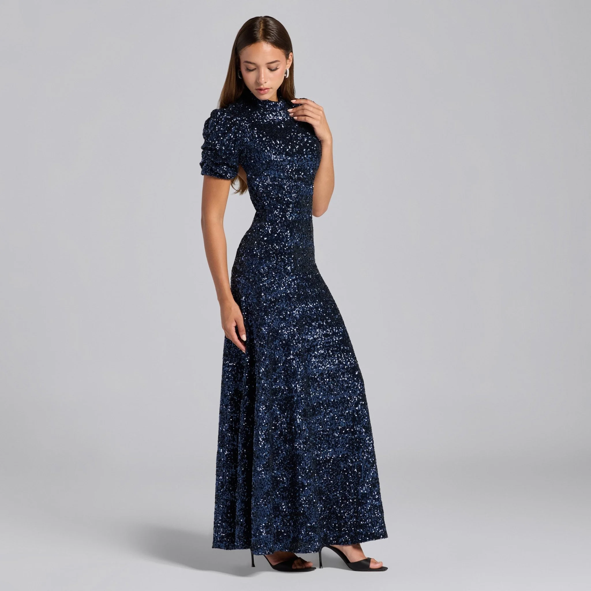 Navy Sequin Puff Sleeve Maxi Dress - Image 3