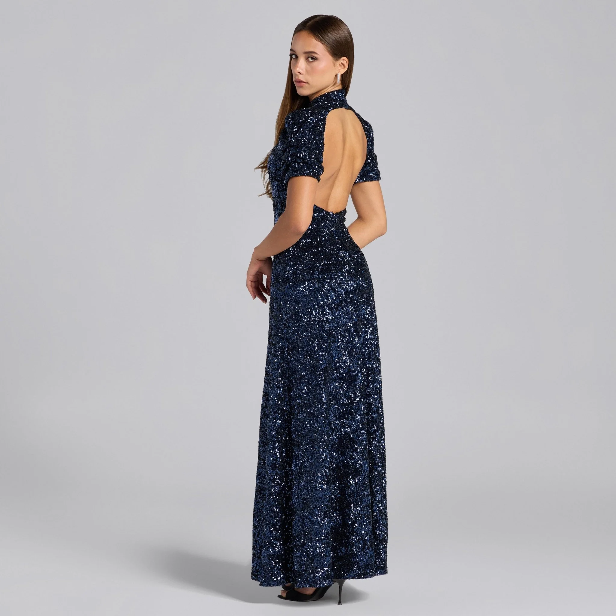 Navy Sequin Puff Sleeve Maxi Dress - Image 5