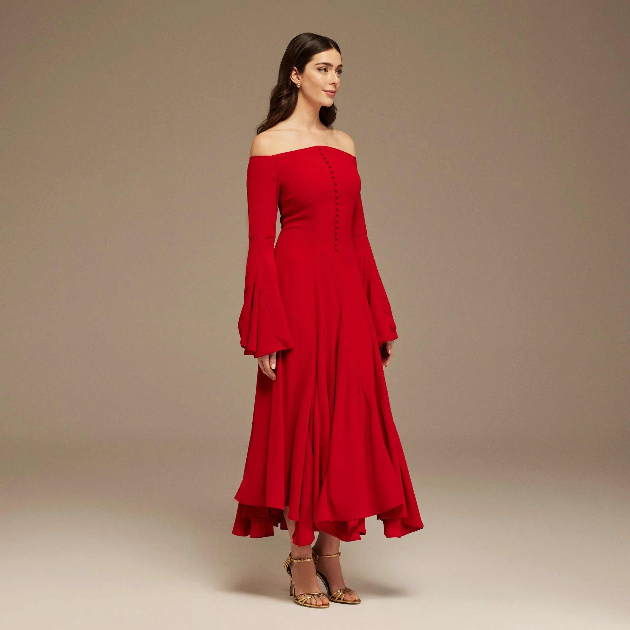 Red Off-Shoulder Aline Midi Crepe Dress - Image 2