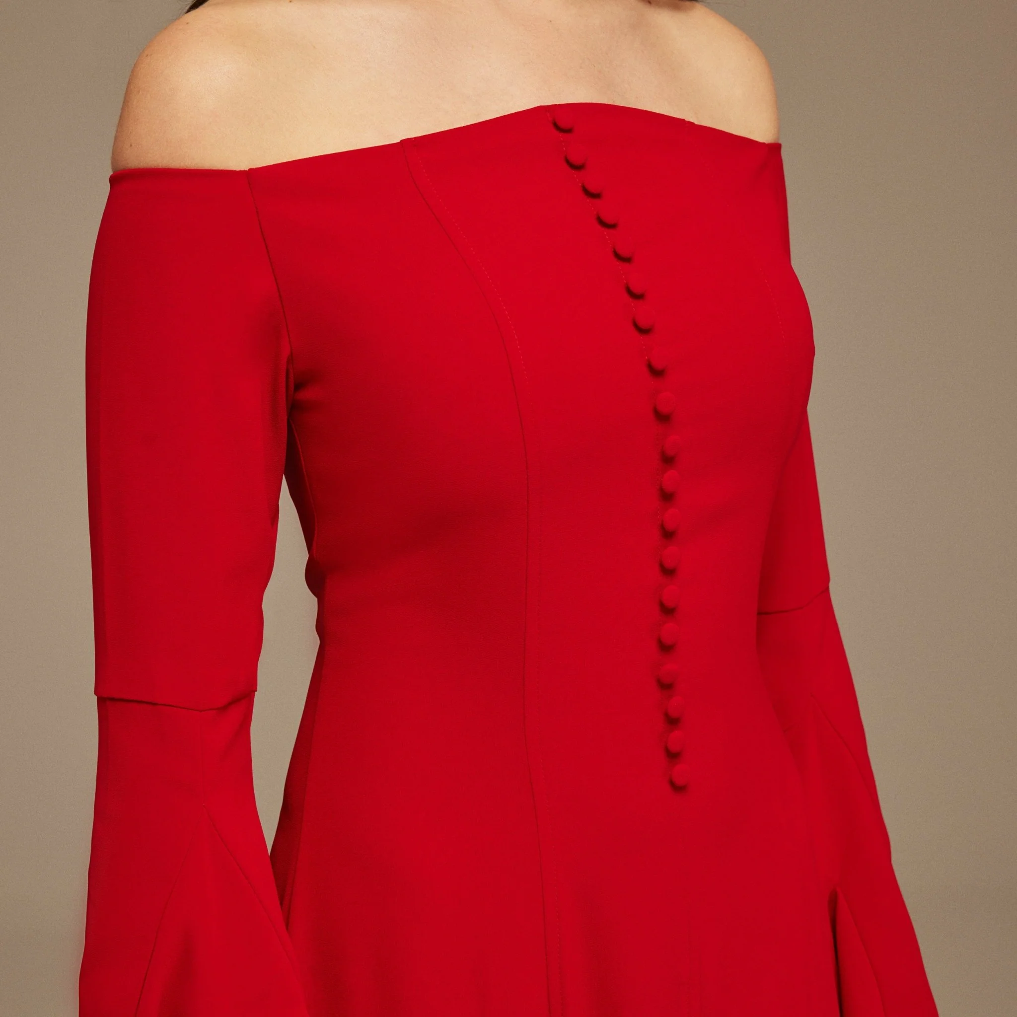Red Off-Shoulder Aline Midi Crepe Dress - Image 3