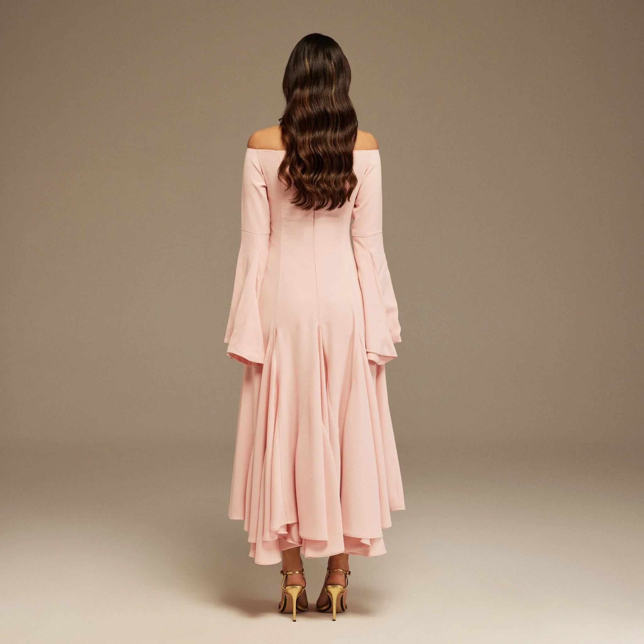 Pink Off-Shoulder Aline Midi Crepe Dress - Image 4
