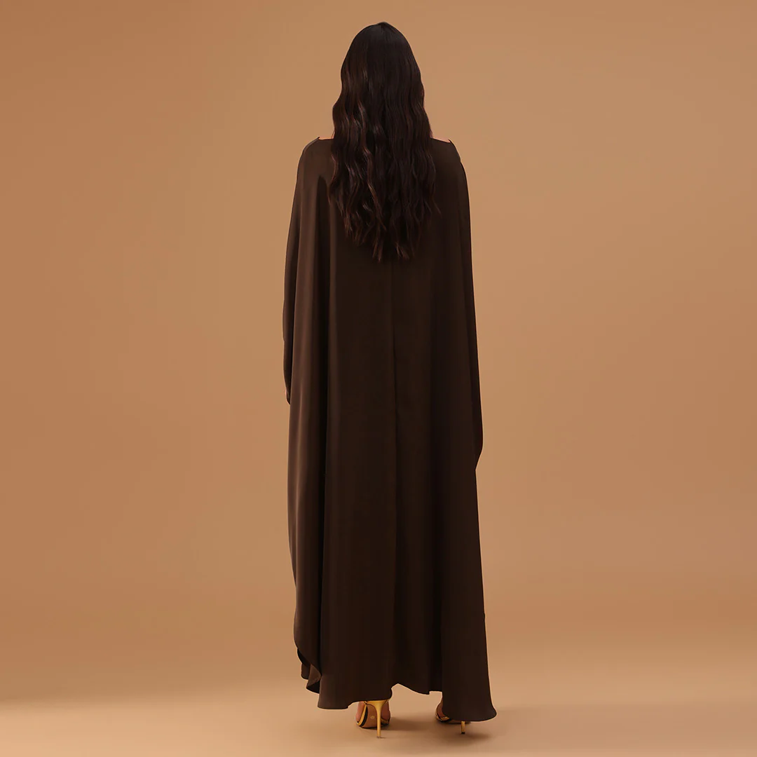 Brown Off-Shoulder Neck Strap Kaftan with Inner Belt - Image 4
